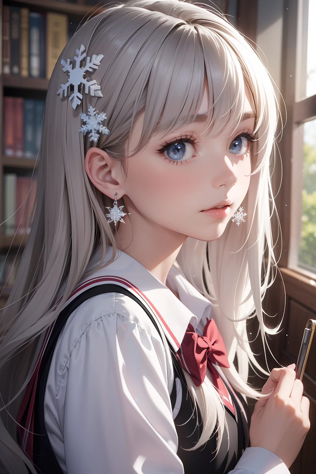 tmasterpiece,Realiy,Write homework in the library,in school uniform,Extra-long silver hair,It has snowflake horn ornaments and icicle-like earrings,18yr old,There was a brunette girl next to her