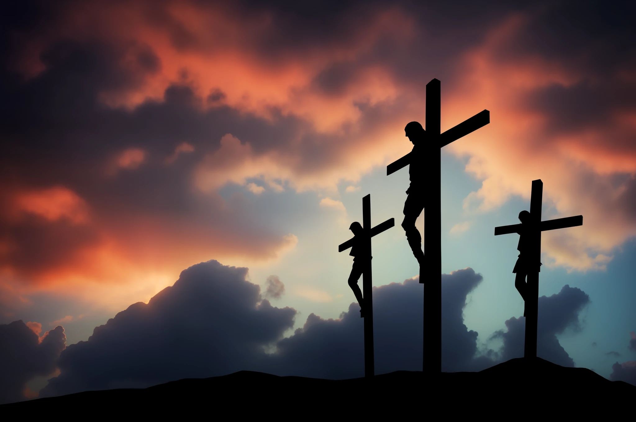 Three crosses with three people on them against an overcast sky, crucifixion, Jesus na Cruz, Jesus Cristo na Cruz, Jesus na Cruz, Crucifixo, Sombra da Cruz, cruz, Shutterstock, Ver, cross composition, Cruzes, iStock, religioso, cristianismo, crucifixion of conor mcgregor, salvation, desafiando a deus, O Senhor e Salvador