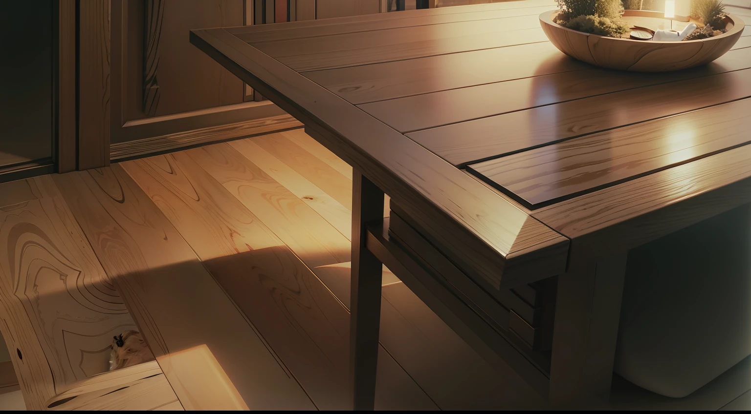 Three people hiding under a luxurious table of a modern house at night.