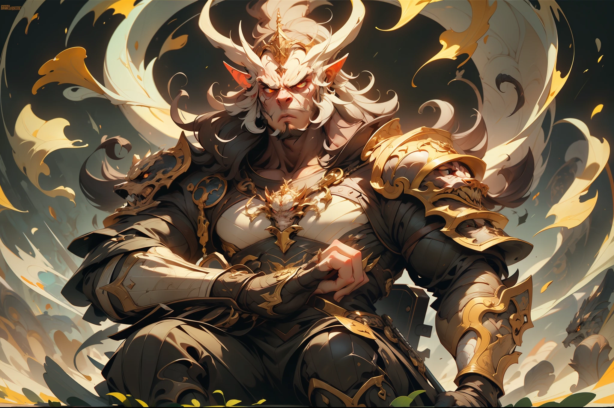 1 man, male focus, armor, sheath, pectorals, scabbard, shoulder armor, full body, bound hair, jewelry, muscular,his eyes wide open in anger, (sitting on the king chair), dragon on the back, high definition, best quality, ultra-detailed, extremely delicate, anatomically correct, symmetrical face, extremely detailed eyes and face, high quality eyes, RAW photo, UHD, 8k, professional lighting, soft lighting, (masterpiece:2)