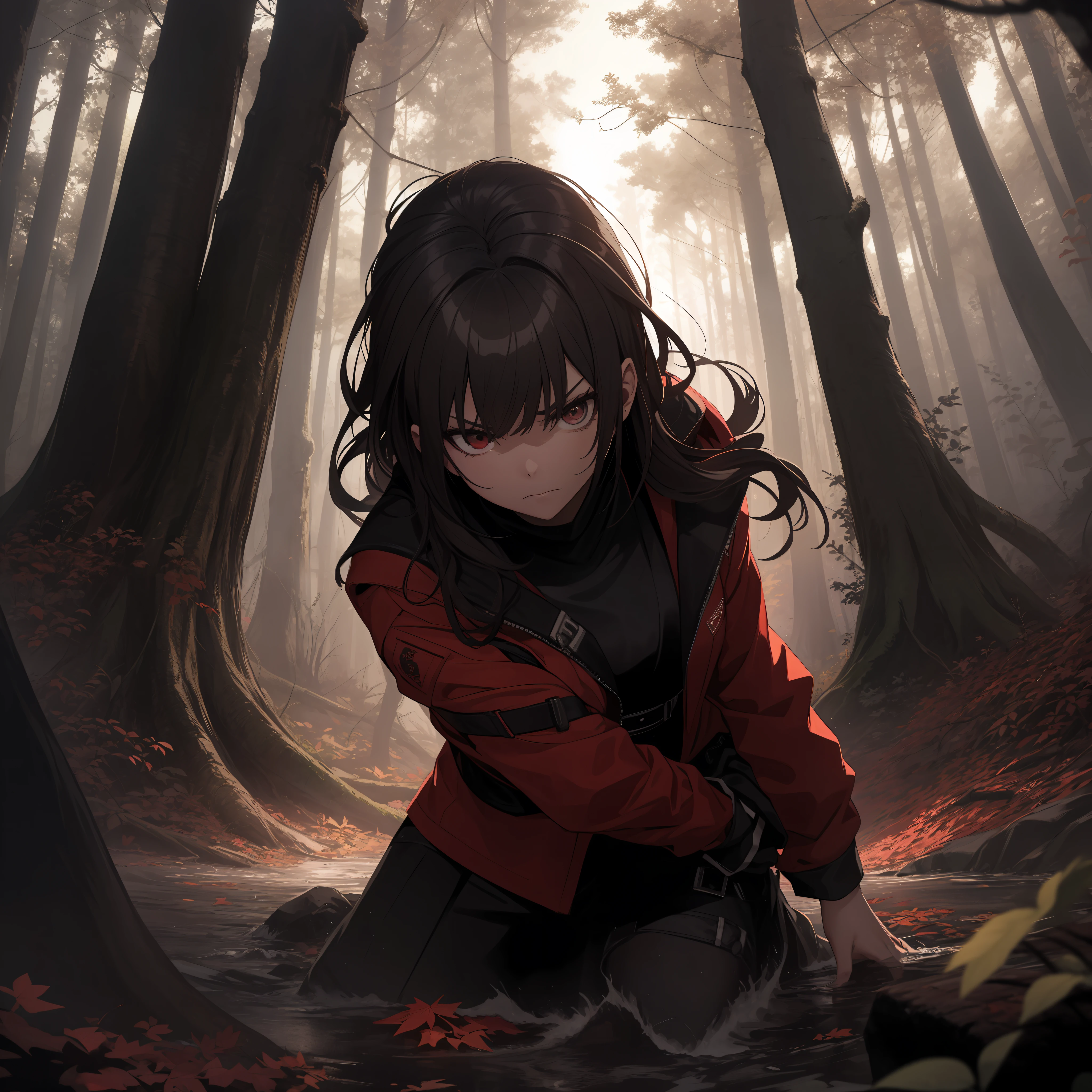 Two young women fighting with swords, in a dark forest and the woman is startled and angry and is blocking the ninja’s sword, it’s slightly muddy, surrounded by tall trees with red leaves. They wear black jackets and have dark hair that reaches their shoulders. The forest is dimly lit, creating a contrast between the red and black colors. The image evokes a sense of mystery and danger.