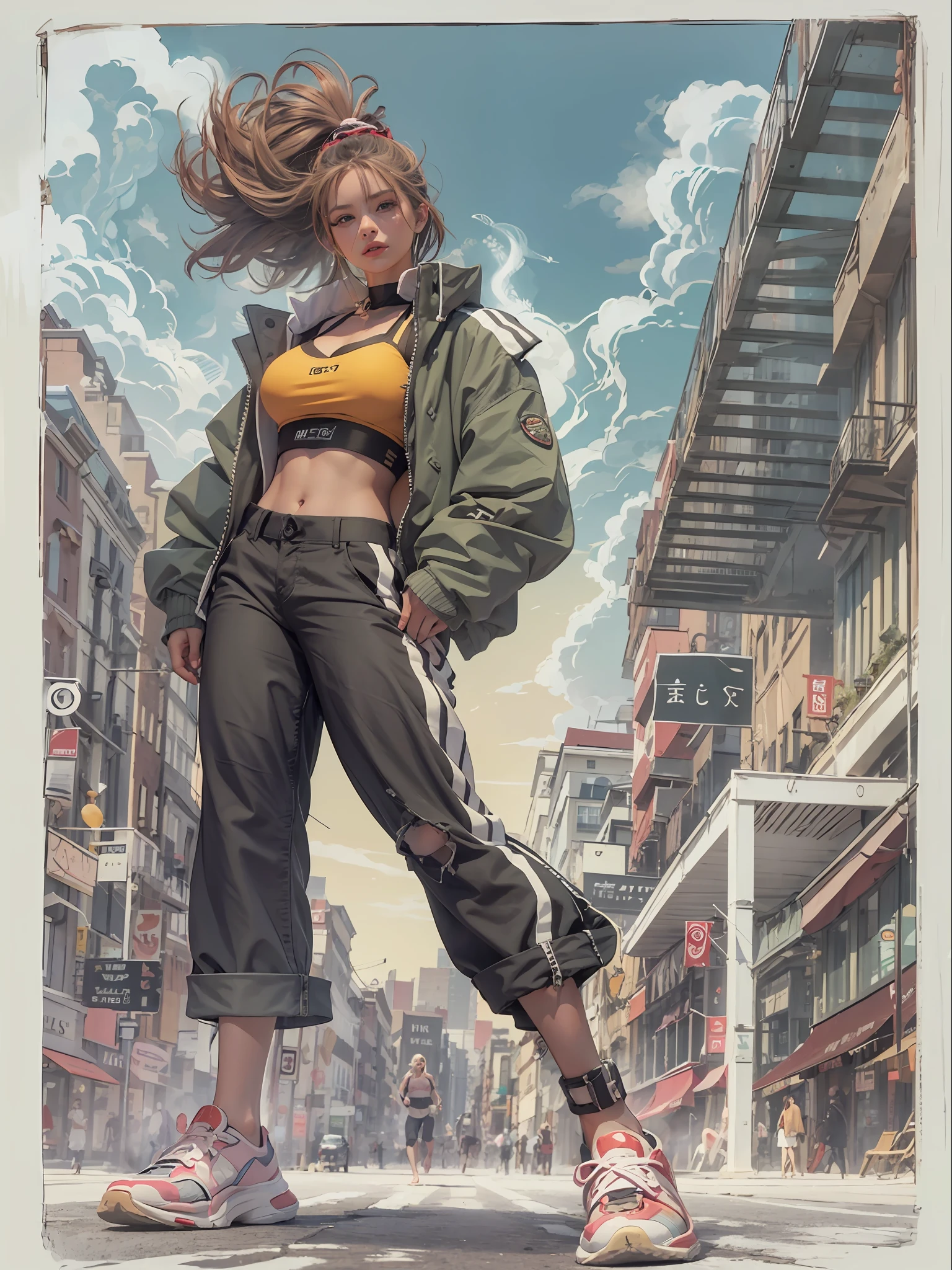 Giant Akari in crop top and jacket, Barefoot, athletic bodies, gts city, city buildings, Smoke, Evil