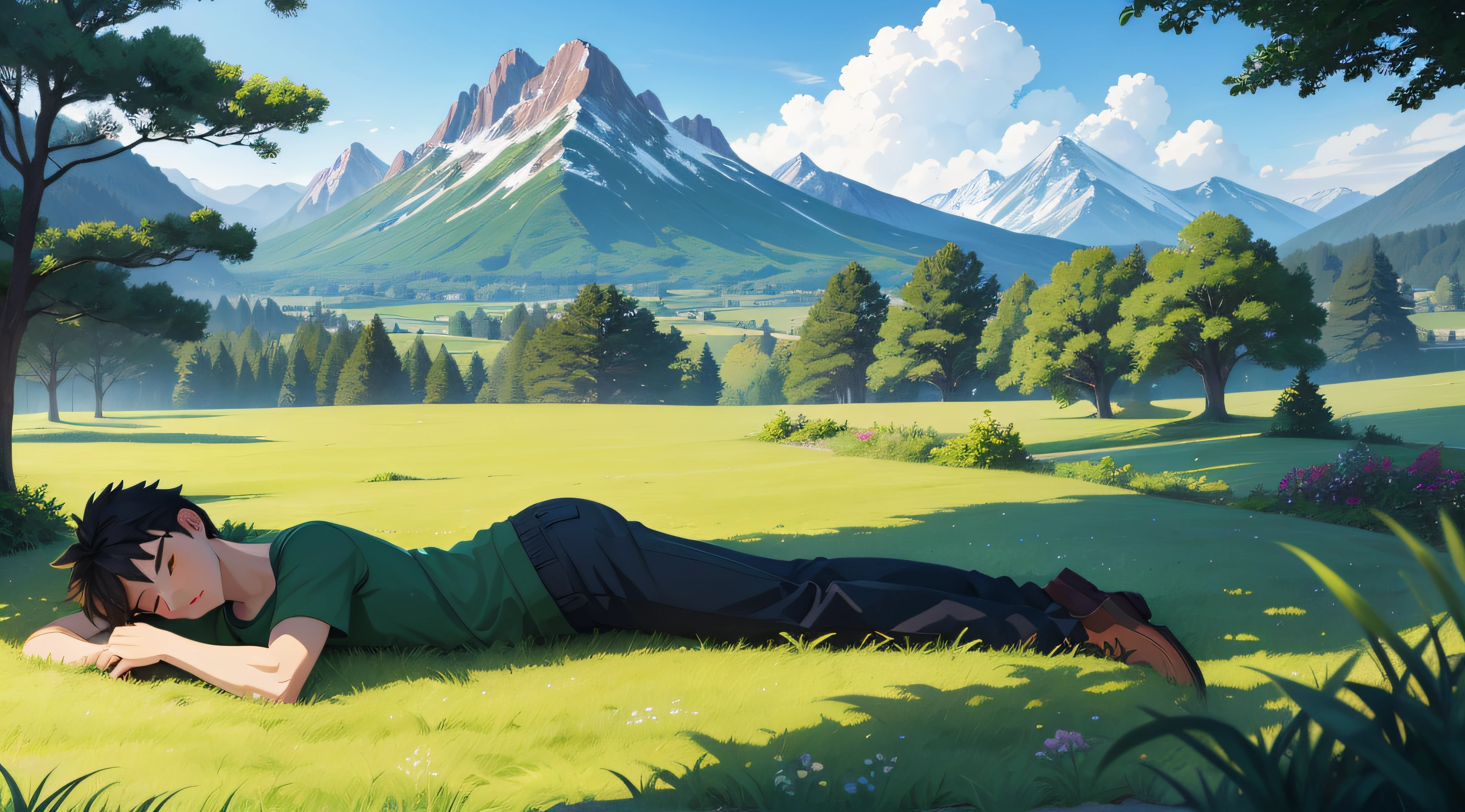 young man lying on the grass, sleeping, with trees and mountains in the background, 2D, anime style, studios ghibli style