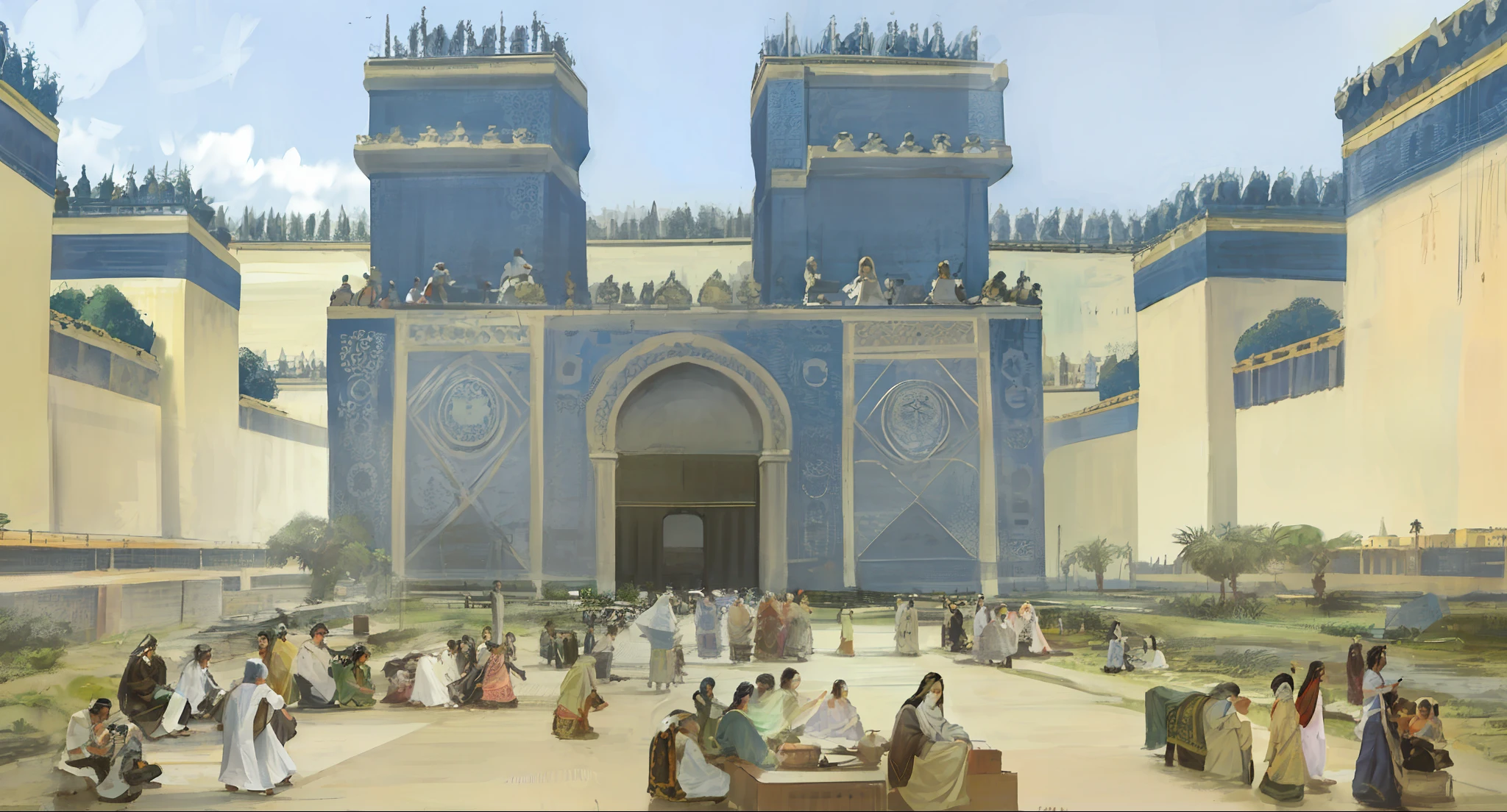a photo of a large group of people in front of a building, ishtar gate, in a major mesopotamian city, antiga cidade persa, imagem realista de samarcanda, historical artistic depiction, ancient mesopotamia, mesopotamic, 1 2 0 0 a.C., obra-prima', cities of mesopotamia, 0 0 0 years ago, 000 years ago