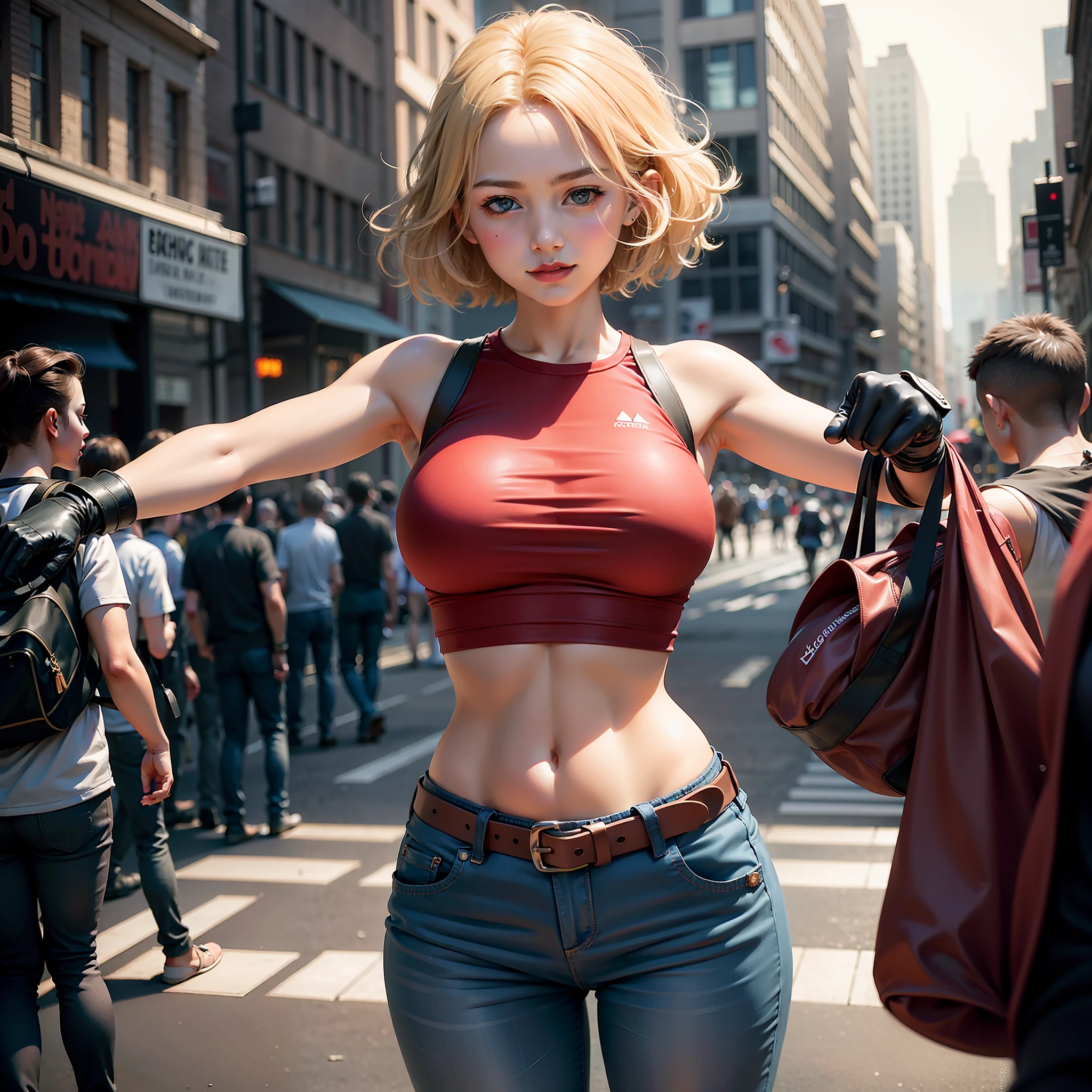 (by artist Aliza Razell:1.0), in city,streets,1girl, solo,smile,, 1girl, solo, marykof,1girl, solo, short hair, blonde hair, blue eyes, gigantic breasts,forehead, parted hair,red shirt(sleeveless),belt, taut shirt, crop top, navel, blue gloves, baggy pants, pants,Absolute field,dramaticlighting,looking at viewer, fighting stance, (make a fist),firm expression,fullbody,unity 8k wallpaper,ultra detailed,beautiful and aesthetic,beautiful,masterpiece,best quality,