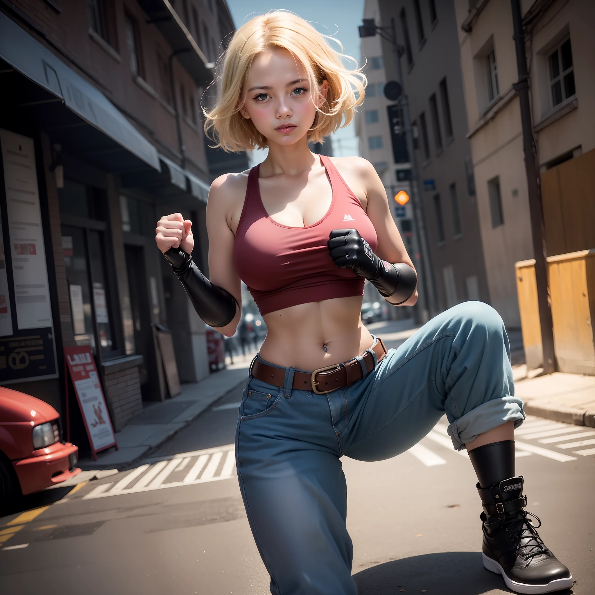 (by artist Aliza Razell:1.0), in city,streets,1girl, solo,smile,, 1girl, solo, marykof,1girl, solo, short hair, blonde hair, blue eyes, gigantic breasts,forehead, parted hair,red shirt(sleeveless),belt, taut shirt, crop top, navel, blue gloves, baggy pants, pants,Absolute field,dramaticlighting,looking at viewer, fighting stance, (make a fist),firm expression,fullbody,unity 8k wallpaper,ultra detailed,beautiful and aesthetic,beautiful,masterpiece,best quality,