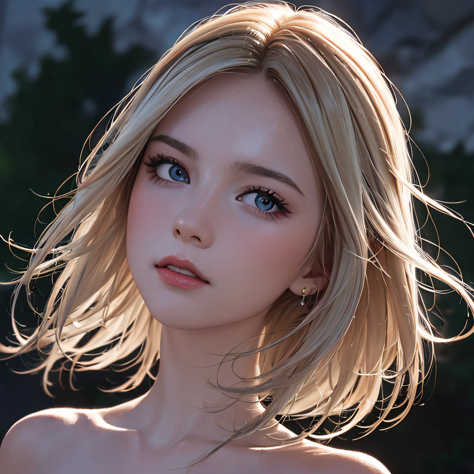 (8K, RAW Photos, of the highest quality, Masterpieces: 1.2), (Realistic, Photorealistic: 1.37), Highest Quality, Ultra High Resolution, light leaks, Dynamic lighting, Slim and smooth skin, (Full body:1.3), (Soft Saturation: 1.6), (Fair skin: 1.2), (Glossy skin: 1.1), Oiled skin, 22 years old, Night, shiny white blonde, Well-formed, Hair fluttering in the wind, Close-up shot of face only, Physically Based Rendering, From multiple angles