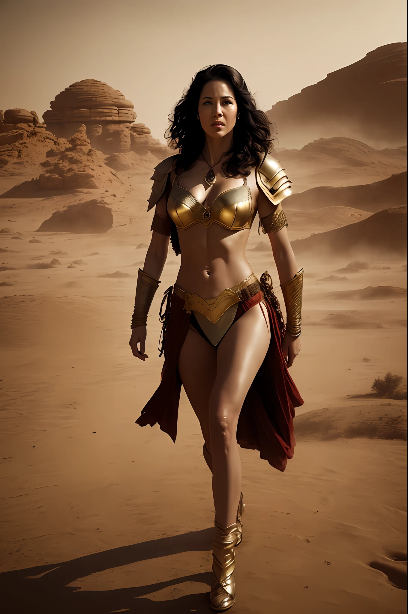 (analog style:1.2), masterpiece, best quality, 8k, sharp focus, ultrarealistic, portrait of (beautiful woman with dejah thoris gold armor and transparent white silk:1.2), sexy, intricate, medium breasts covered, big ass, (toned abs), long hair, [wind blow], beautiful face, (perfect face:1.2), (perfect eyes:1.3), (sensual lips:1.2), in sci-fi desert of mars ruins, the dusty winds, sandstorm, dust sweeping foreground, film grain, cinematic light, action pose, half body, (face focus:1.2)