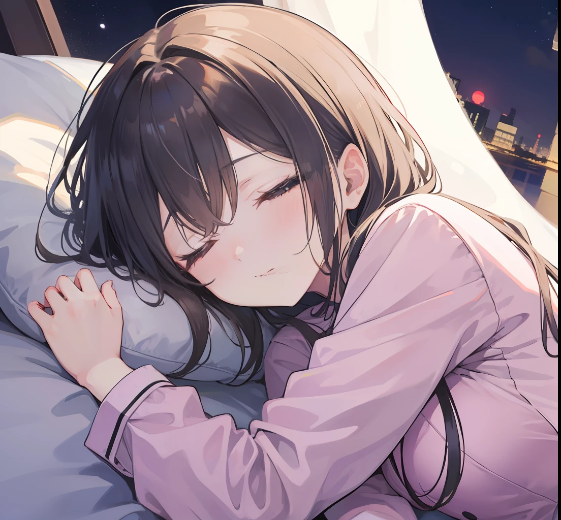 sleepeace、1girl in、s Pajamas、moon light、、ultra_detailed:1.2、cabelos preto e longos、s asleep、Peaceful sleeping face、Eyes closed、(hight resolution)、lying on one's side
