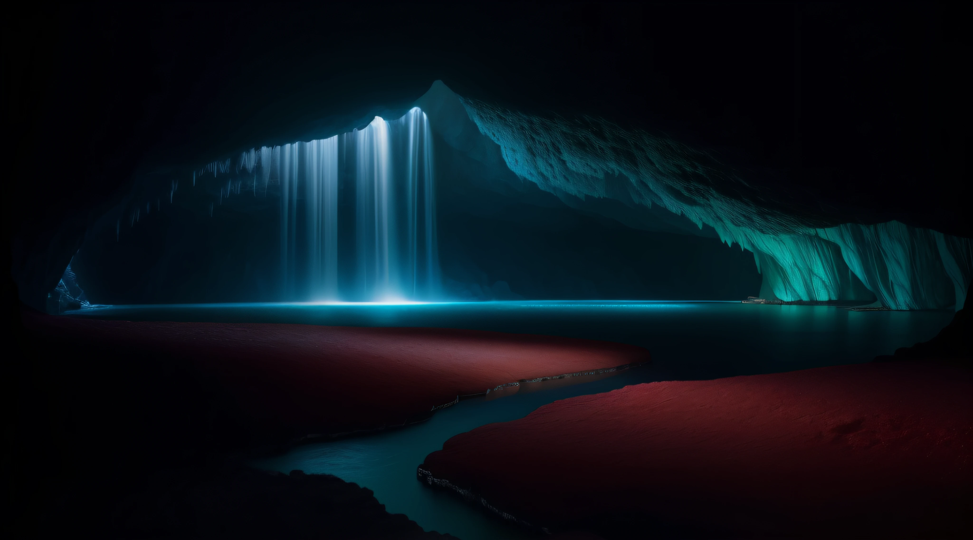um close up de uma cachoeira em uma caverna com um piso vermelho, caverna da cachoeira, alien waterfall, Artem Demura Beeple, cachoeira bioluminescente, Caverna com Cachoeira, solitude under a waterfall, Papel de parede vertical 4k, Papel de parede vertical 4K, Magic Cave, cave lighting, inspirado em Michal Karcz, Papel de parede vertical 8K