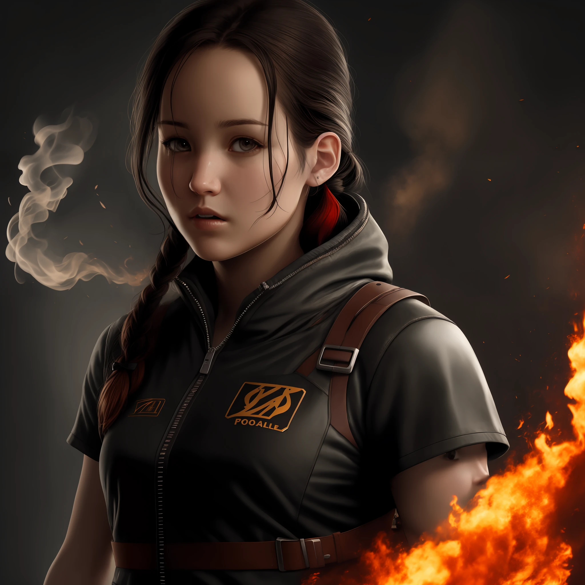 (Jennifer Lawrence:0.9) acting (Katniss Everdeen), (long wavy hair), fight to the death, movie poster, smoke, subsurface scattering, ruins on background, thin waist, intricate, highly detailed, perfect image, cinematic lighting, very detailed face and eyes, (dark ambience:1.5), (dimly lit:1.1), elaborate fantasy atmosphere, high-quality photo, photorealistic painting by Ed Blinkey, trending on artStation, high detail, sharp focus, dramatic