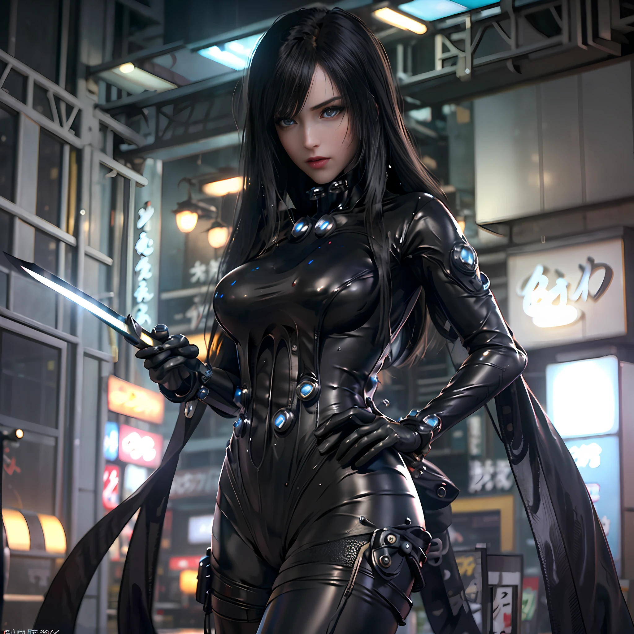 NSFW,​masterpiece,3D、realisitic、Ultra Micro Photography、((1 female))、28 year old,((frombelow:1.5))、dynamic ungle、Full body:1.3、Standing:1.3,best qualtiy、Ultra Detailed CG Unity ,8K,Wallpaper,intricate-detail、amazing shading, Perfect face,Tall and glamorous perfect proportions、(highly dramatic picture、intricate detailes、Fralithic,Harmonious composition、creative refinement)、Glossiness,reika\(Gantz\), reika\(body suit\), reika\(coat\),,(Bodysuit Details,PVC,High-gloss holographic leather that shines like tight oil:1.5,High gloss latex bodysuit that shines like oil,Black Gloves),Feminine、ass visible through thighs,Detailed body、(A detailed face: 1.1)、Smaller face,(Outline of the iris)、(Hydrocore Lens)、(Perfect eyes)、Beautiful fece、Looking at Viewer,thin lipss:1.1、thin and sharp pale eyebrows,、eye line,long dark eyelashes、Double eyelashes、Dark eyeshadow,((battle posture:1.2、Fight with a long black giant Japan sword,Shoot a giant ray gun,battoujutsu stance,Weapons of the future))clong legs,pin heels,Slender and muscular,、Muscular abs,Visible Pore、glistning skin,Sweat,Pose Seductive、Very long hair,Floating hair,Black theme,((Erect,Huge ,show off nipple,Cameltoe,vulvashaped,Sexy and dynamic model poses,Cool pose)),(underboob, perfect hand:1.5、(((Back lighting,Foggy,steams,Underworld,Dark back roads,cyberpunked,电影灯光,exquisite lighting and shadow,)),Ruins,Destroyed city,Midnight Shibuya,background crowds、wet street surface,DSLR Harp、Maximum clarity and sharpness、optimal ratio of four fingers and one thumb