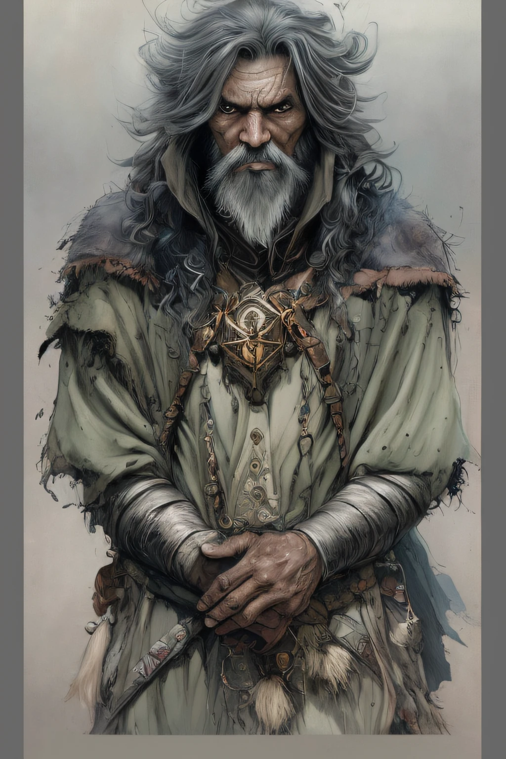 High Angle detailed ((very old male Arabian sorcerer, dark skin, sharp features, faint smile, wrinkled, weathered, with a long black beard, wearing a black and red and gold robe, wearing a yellow cap)), Continued, HD, (oil painting:1.1), (comic book art style:1.5), (inked outline:1.3), Stunning, Character, Portrait, (((Looking Sideways))), angular features, (dark black Graduated Bob Hair), (muted natural colors:1.3), in painterly style by Jean Baptiste Monge