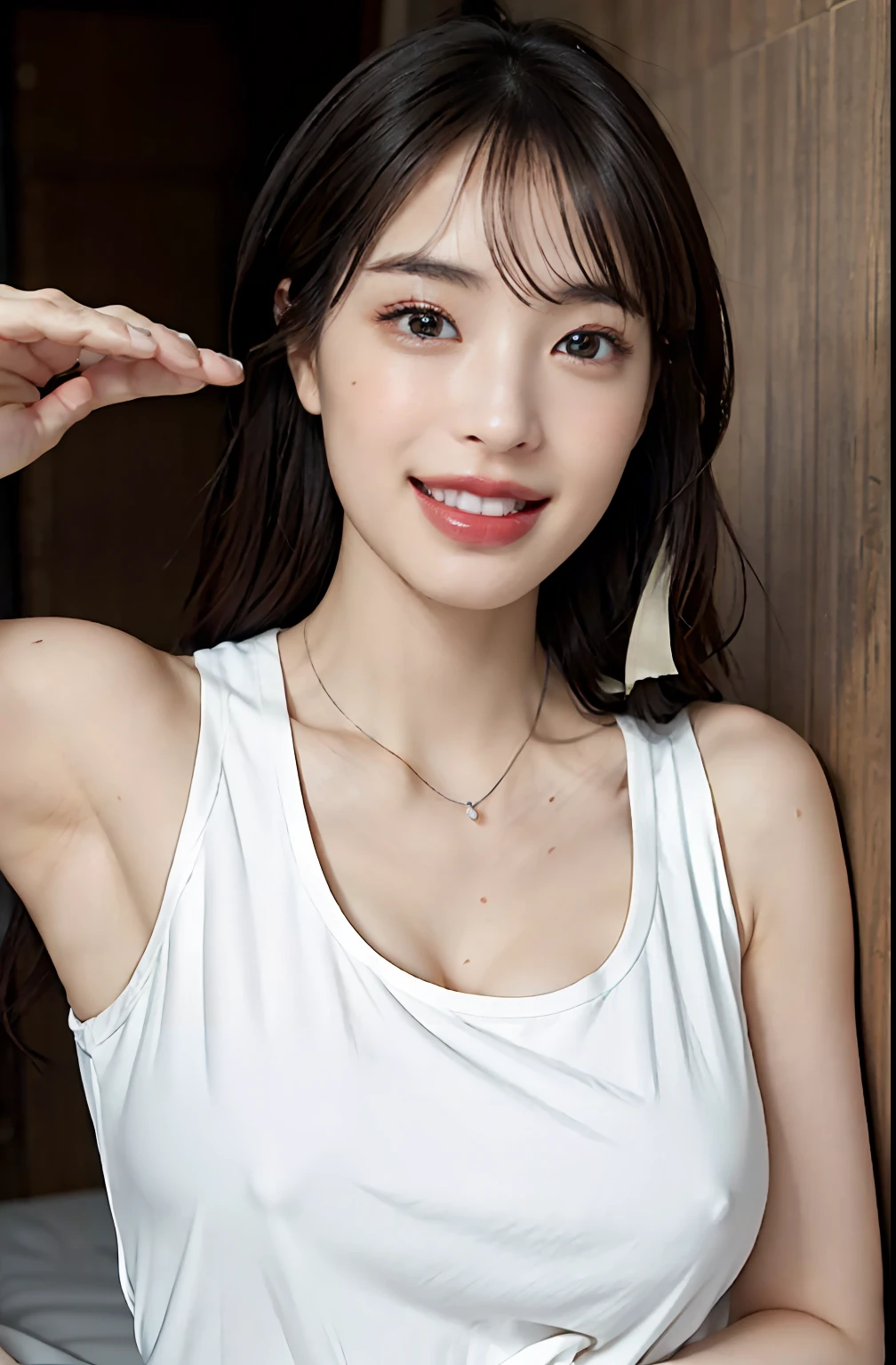 (A hyper-realistic), (illustratio), (hight resolution), (8K), (ighly detailed), (The best illustrations), (beatiful detailed eyes), (top-quality), (ultra-detailliert), (masterpiece), (wall-paper), (详细的脸), a bed、Upper body close-up,Armpit, A smile,Plump,独奏,Girl in white tank top with open chest, full of sweat, japanes, large full breasts, (camel's toe)、huge-breasted、Detailed, well-groomed white teeth、Ultimate Beauty、shot on the Canon EOS R 6、full of sweat、(beautiful detailed teeth)、Silver necklace、Park with sunshine、Perfect and beautiful female hands、Perfect tooth alignment、Perfect fingers、