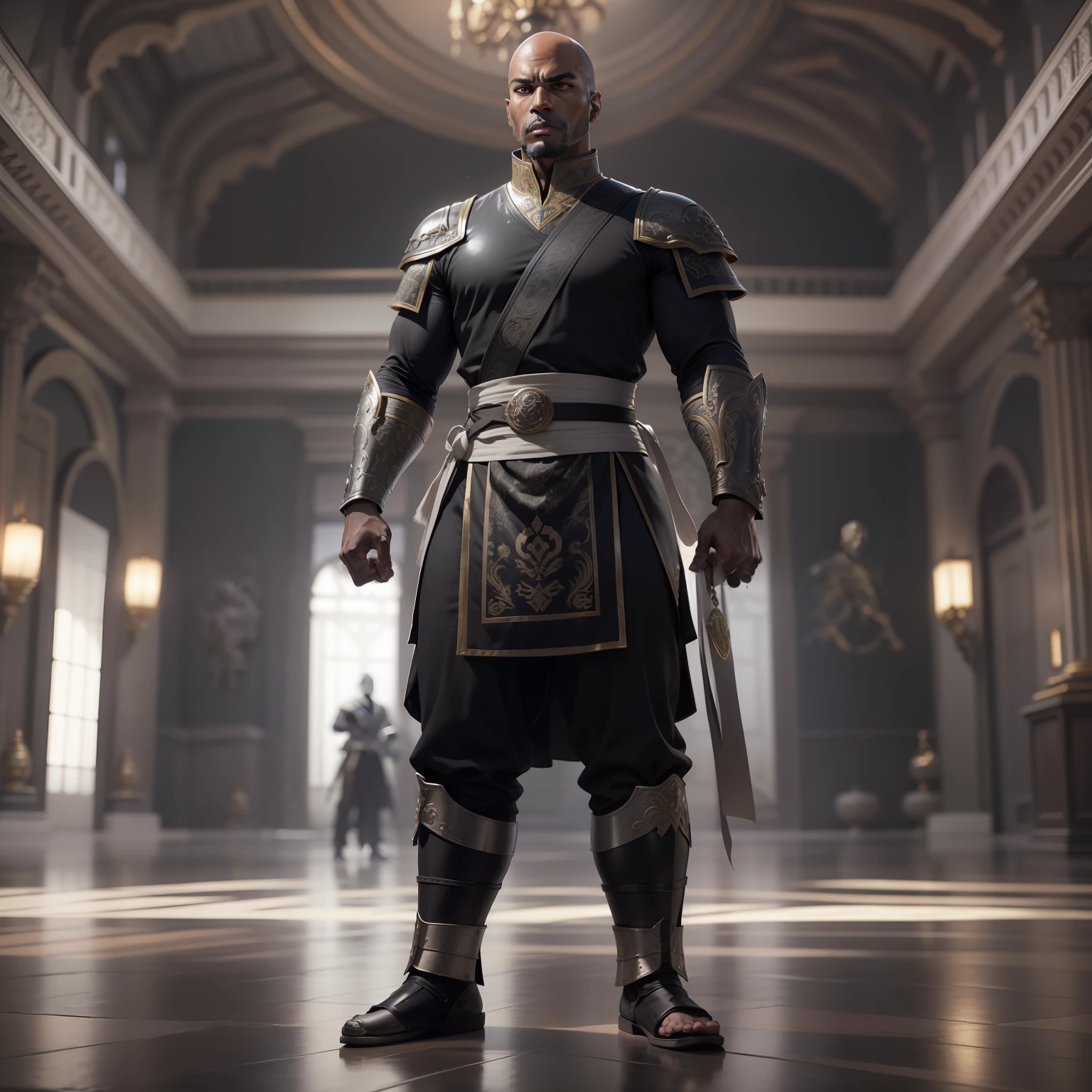 realistic image of a bald black male, 40s, tall and strong, ultra-detailed black eyes, evaluative expression, dressed in black RPG warrior costume and with silver shoulder pads, standing in a martial art fighting stance in a hall a royal palace