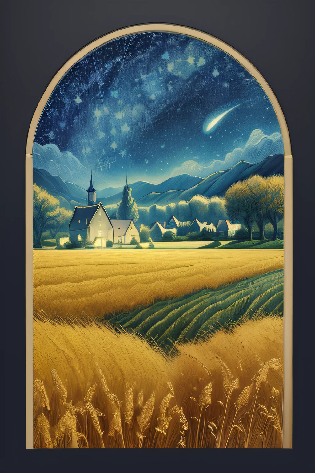 (((masterpiece))),bestquality,illustration,beautifuldetailedglow,
paper_cut, fantasy, simple background , no human, starry sky, vincent van gogh \(style\), trees,village, wheat field,