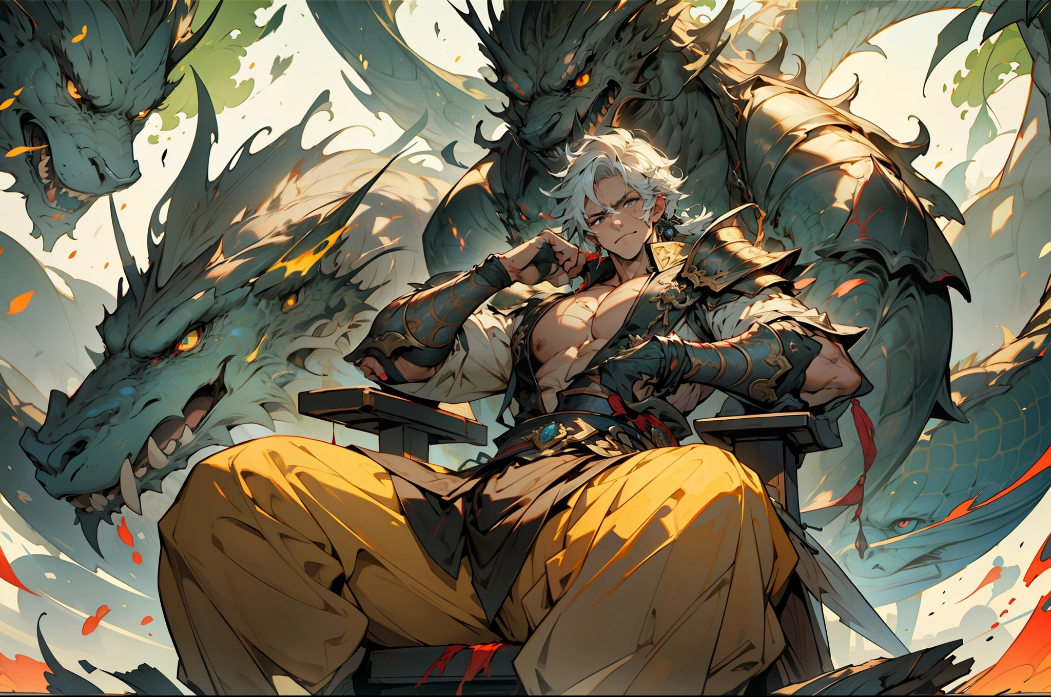 1 man, male focus, big sword beside him, armor, sheath, pectorals, scabbard, shoulder armor, full body, bound hair, jewelry, muscular,his eyes wide open in anger, (sitting on the king chair), dragon on the back, high definition, best quality, ultra-detailed, extremely delicate, anatomically correct, symmetrical face, extremely detailed eyes and face, high quality eyes, RAW photo, UHD, 8k, professional lighting, soft lighting, (masterpiece:2)