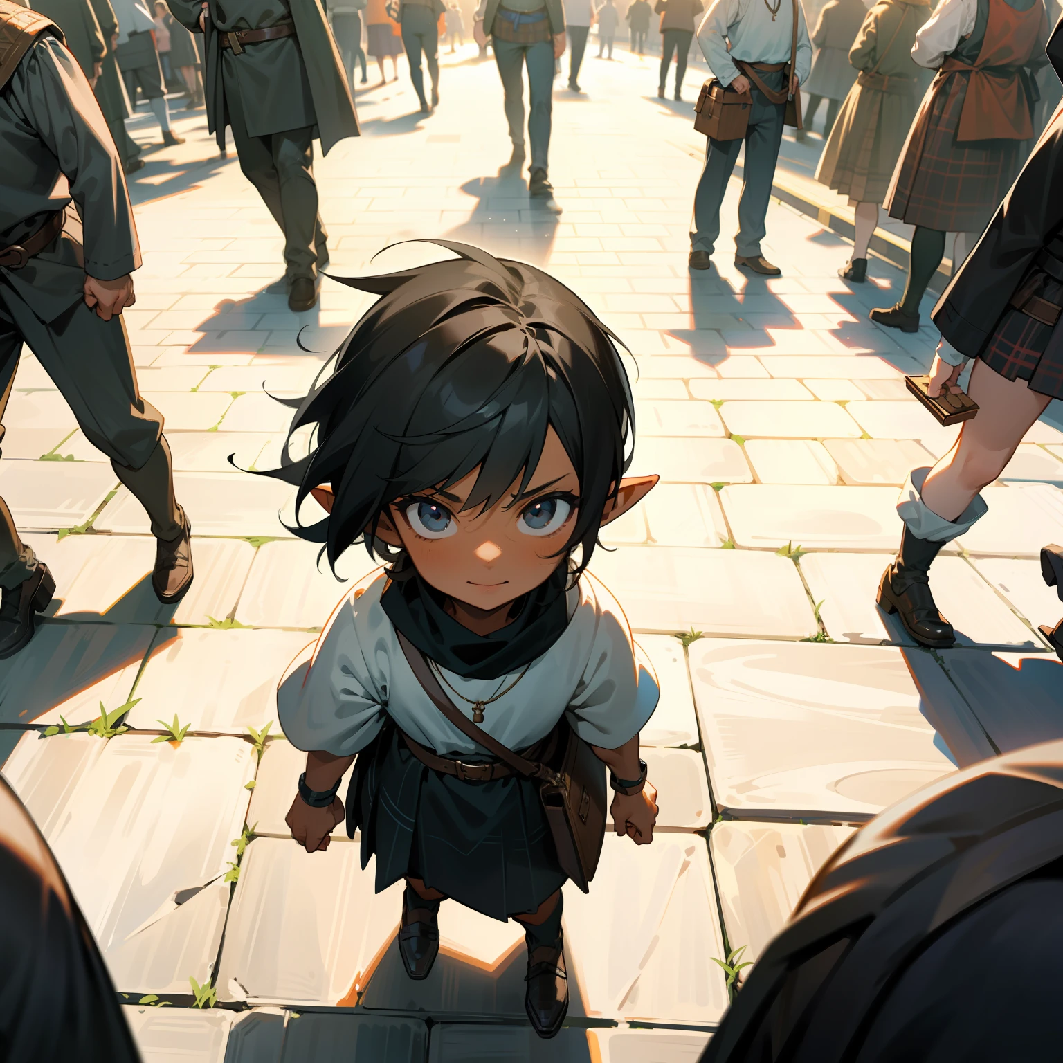 1boy, {{miniguy}}, man, pointy ears, black hair, black eyes, from above, looking at viewer, scared, tiny, shrunk, tan skin, dark skin, kilt, athletic, muscular, shota, looking up, fantasy, medieval, cobblestones, street, town, buildings, busy, innocent, cute, smile, crowd, people, crowds, surrounded by people, satchel, people in medieval clothes, looking up,