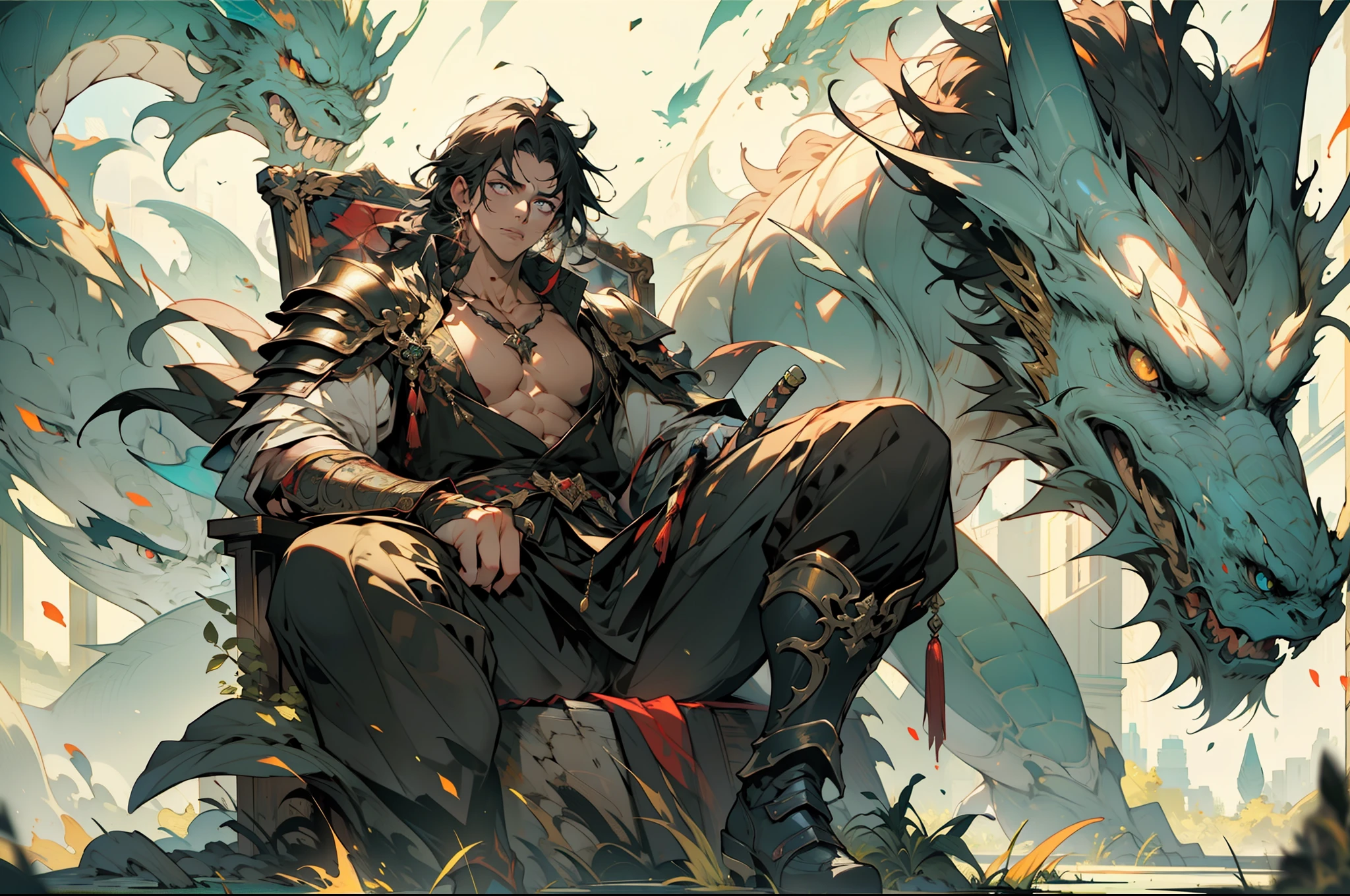 1 man, male focus, big sword beside him, armor, sheath, pectorals, scabbard, shoulder armor, full body, bound hair, jewelry, muscular,his eyes wide open in anger, (sitting on the king chair), dragon on the back, high definition, best quality, ultra-detailed, extremely delicate, anatomically correct, symmetrical face, extremely detailed eyes and face, high quality eyes, RAW photo, UHD, 8k, professional lighting, soft lighting, (masterpiece:2)