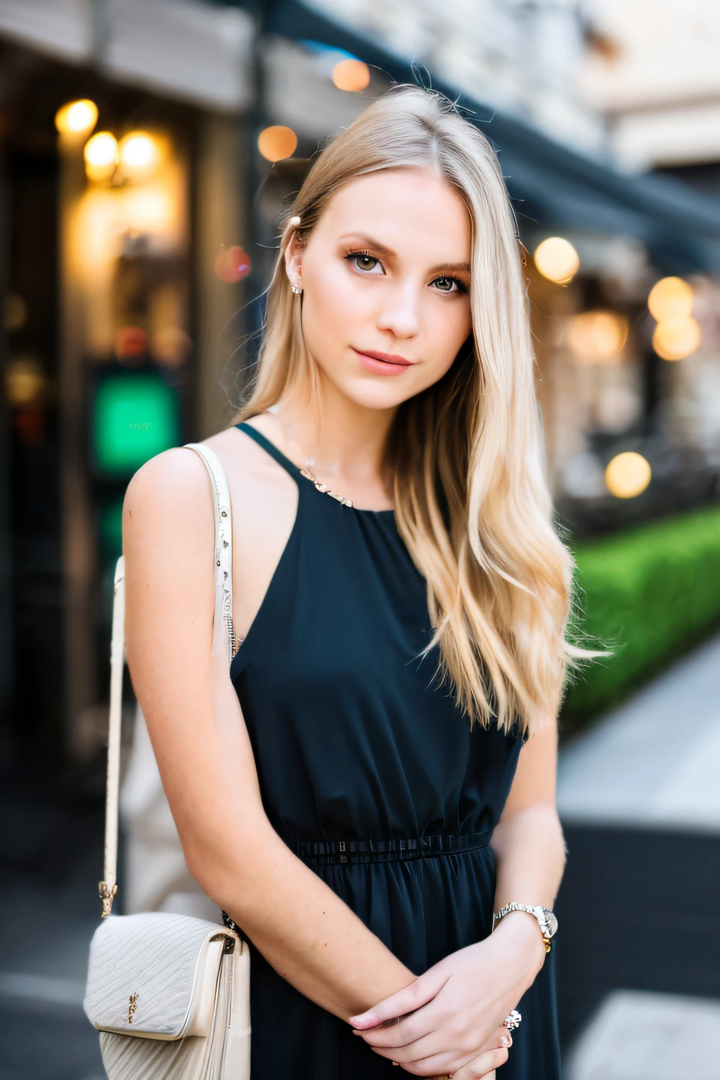 photo of young Caucasian woman, highlight hair, sitting outside restaurant, wearing dress, rim lighting, studio lighting, looking at the camera, dslr, ultra quality, sharp focus, tack sharp, dof, film grain, Fujifilm XT3, crystal clear, 8K UHD, highly detailed glossy eyes, high detailed skin, skin pores