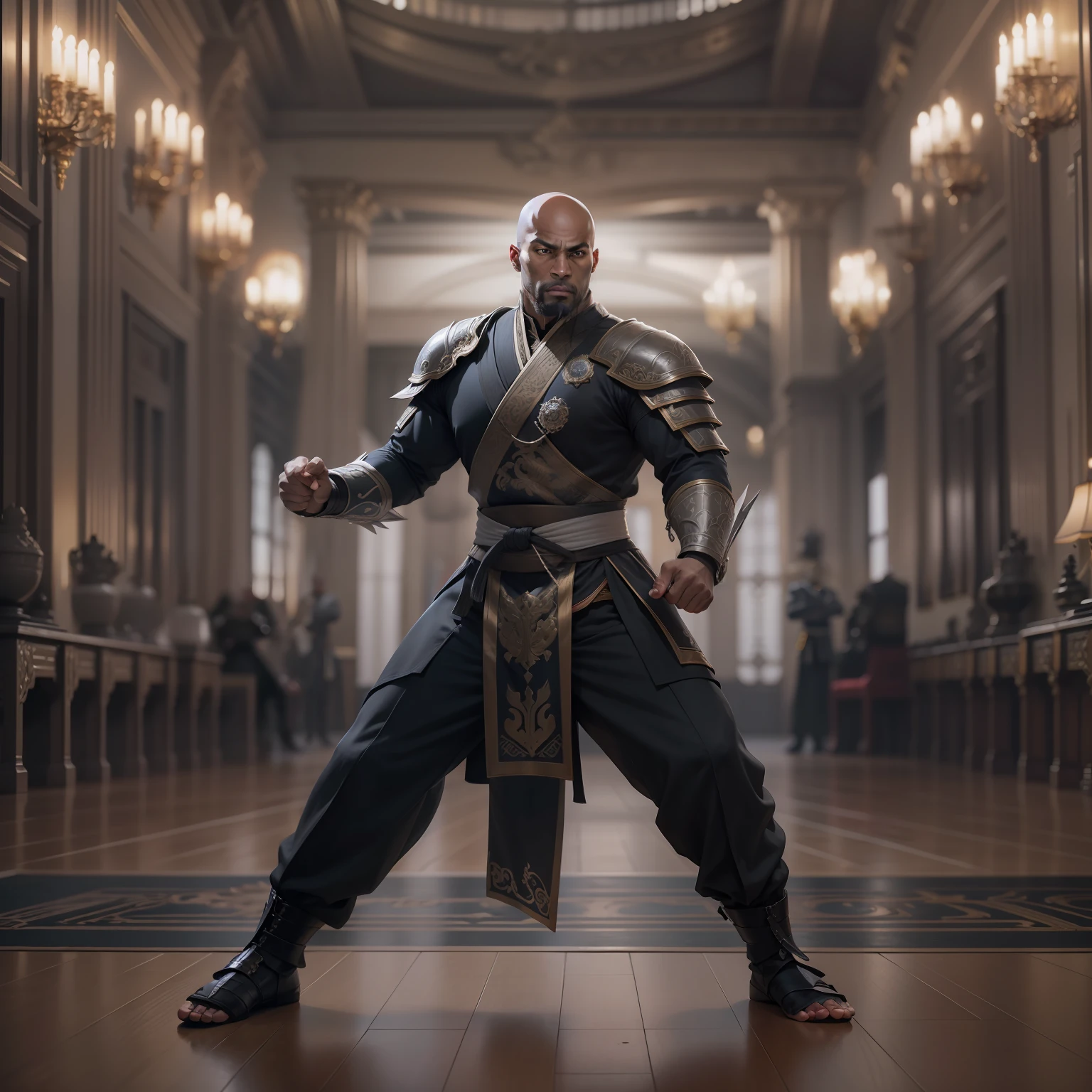 realistic image of a bald black male, 40s, tall and strong, ultra-detailed black eyes, evaluative expression, dressed in black RPG warrior costume and with silver shoulder pads, standing in a martial art fighting stance in a hall a royal palace
