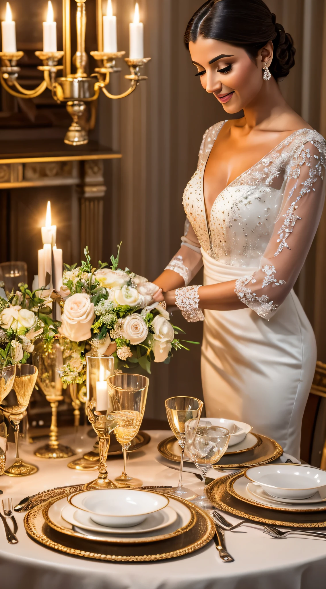 /imagine prompt: A middle-aged woman enjoying an ultra-realistic candlelit dinner at a beautifully set table. The elegant dining room is adorned with tasteful decor, creating an ambiance of sophistication and warmth. The woman sits gracefully, dressed in a stylish evening gown, with a gentle smile gracing her lips. The flickering candlelight casts soft, dancing shadows on her face, highlighting the contours and expressions. The table is adorned with fine china, crystal glassware, and a bouquet of fresh flowers, adding to the air of luxury and refinement. The aroma of delectable cuisine fills the room, enhancing the sensory experience of the scene.
The lighting in this ultra-realistic photograph is meticulously arranged, capturing the subtle nuances of the candlelight and its play on surfaces. Each reflection on the glass and sparkle of the cutlery is brought to life with stunning clarity. The woman's radiant complexion, intricate details of her gown, and even the delicate textures of the flowers are captured with remarkable precision. The viewer is invited to step into the moment, feeling the warmth of the candlelight and almost tasting the delicious food in front of her. Photographed with a high-end full-frame camera and a prime lens (50mm) to achieve a natural perspective and lifelike representation, --ar 16:9 --v 5. --auto
