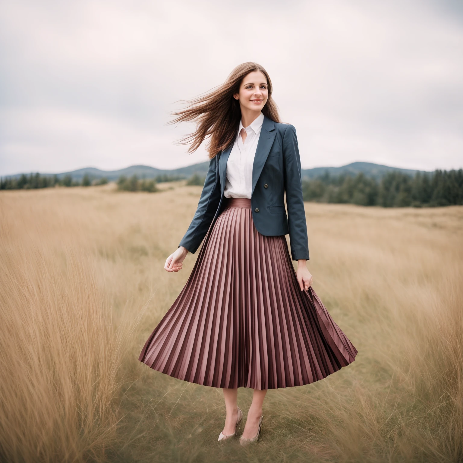 authentic (very shy:1,4 smiling) good woman wearing a short blazer with a very very detailed (long (fully pleated) full circle skirt) and (simple) low heeled office shoes, very very intricate hyper-detailed symmetric (attractive graceful young feminine face) with (sad, tired eyes and shy smile:1,1), full of empathy and compassion and love, (pronounced (feminine) features), (highly detailed ultra accurate realistic) hands and fingers, (windy conditions and wind blowing), epic composition, highly detailed attributes, highly detailed atmosphere, (35mm f1.4 Kodak portra 400 photograph), extremely high quality RAW photograph, intricate, Exquisite details and textures,