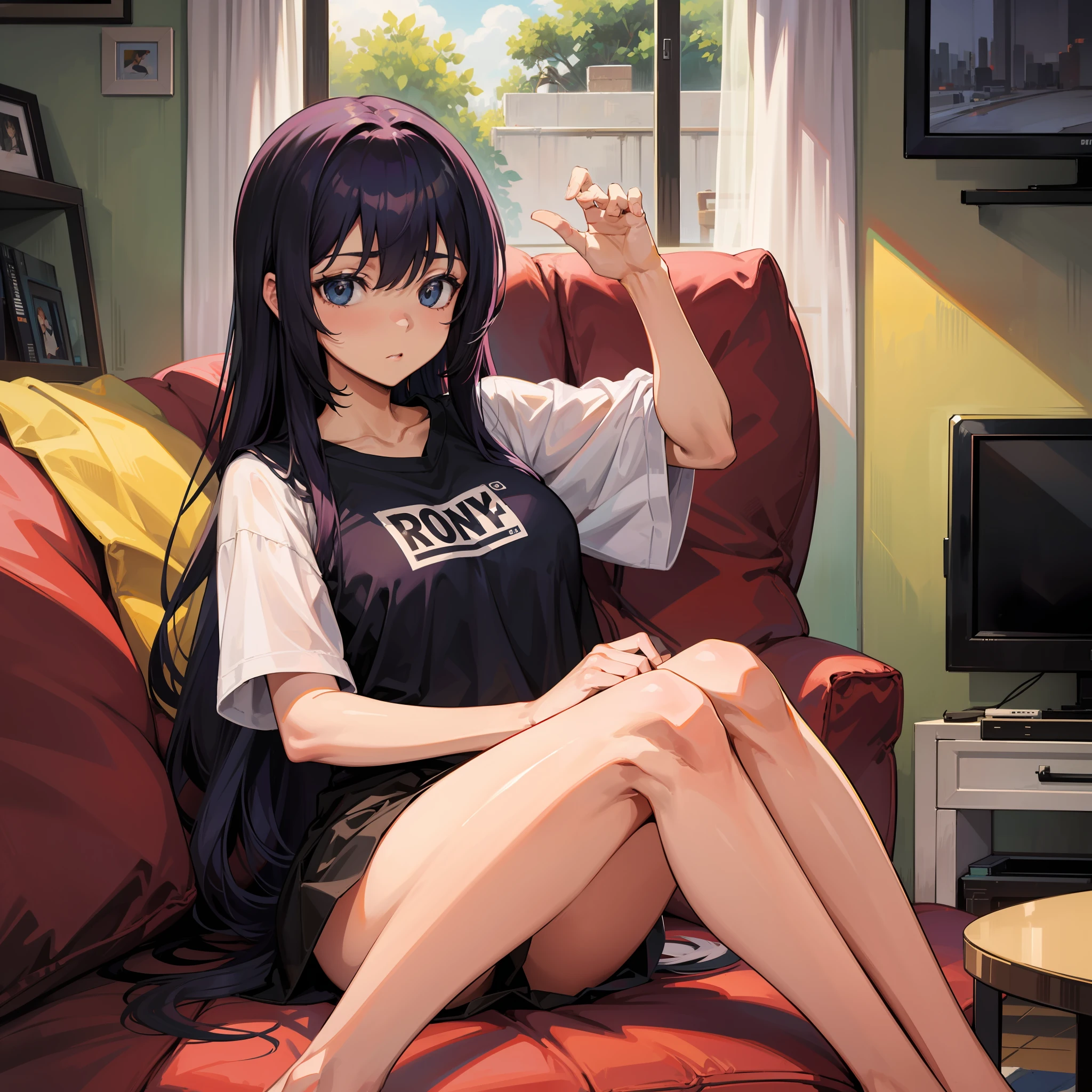Garota, esta brava, cabelo roxo, camiseta regata, em uma casa bagunsada, sitting on a sofa with tv controlin hand