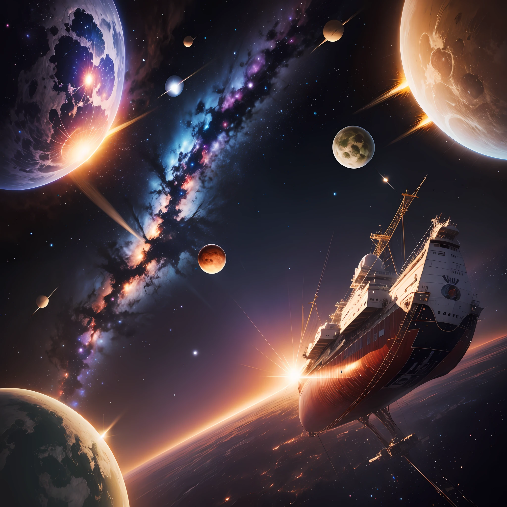 Galaxy close to the sun with ships and satellites --auto