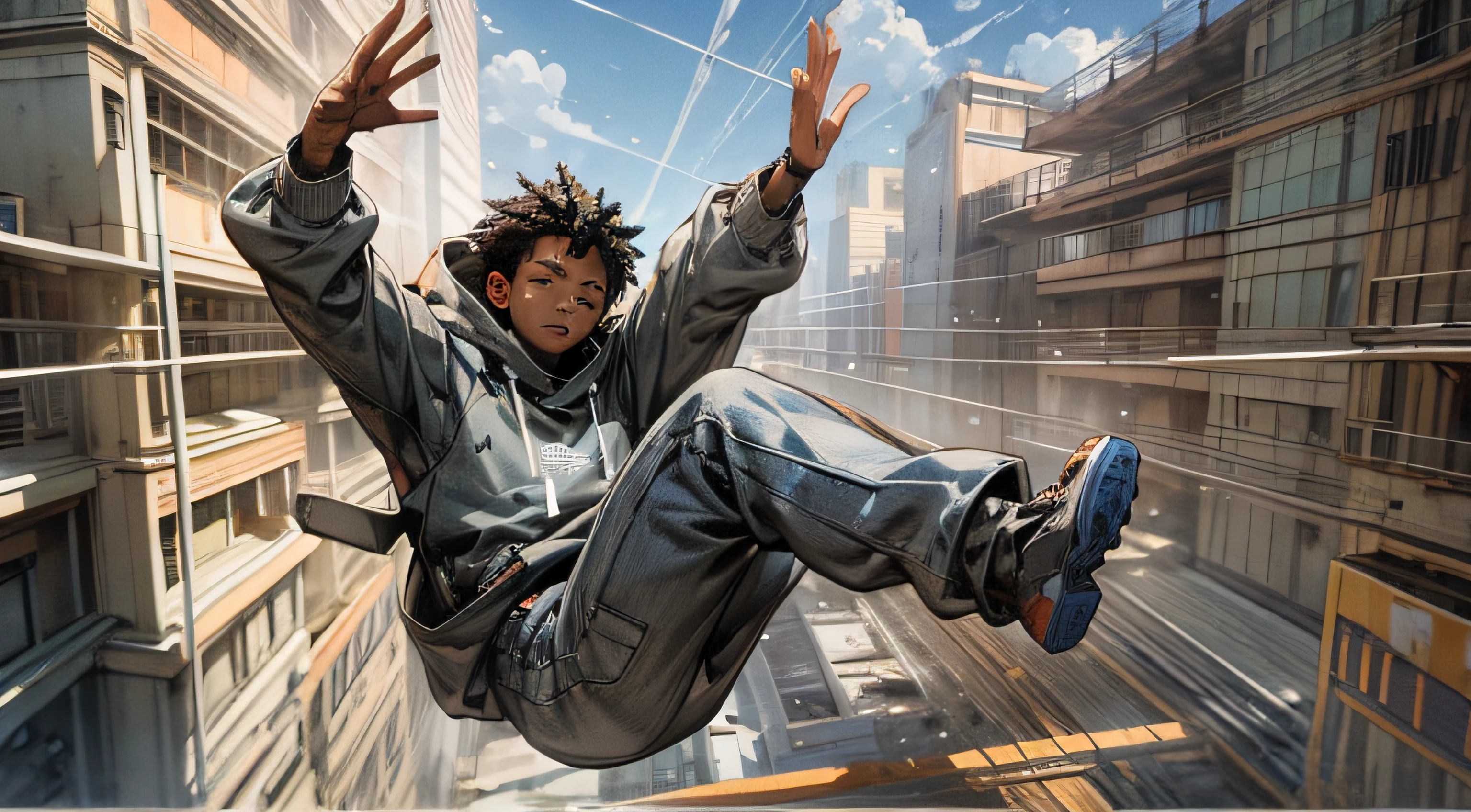 Black man in sweatshirt falling from the sky in 3D in high quality, sky perspective, skin texture --auto --s2