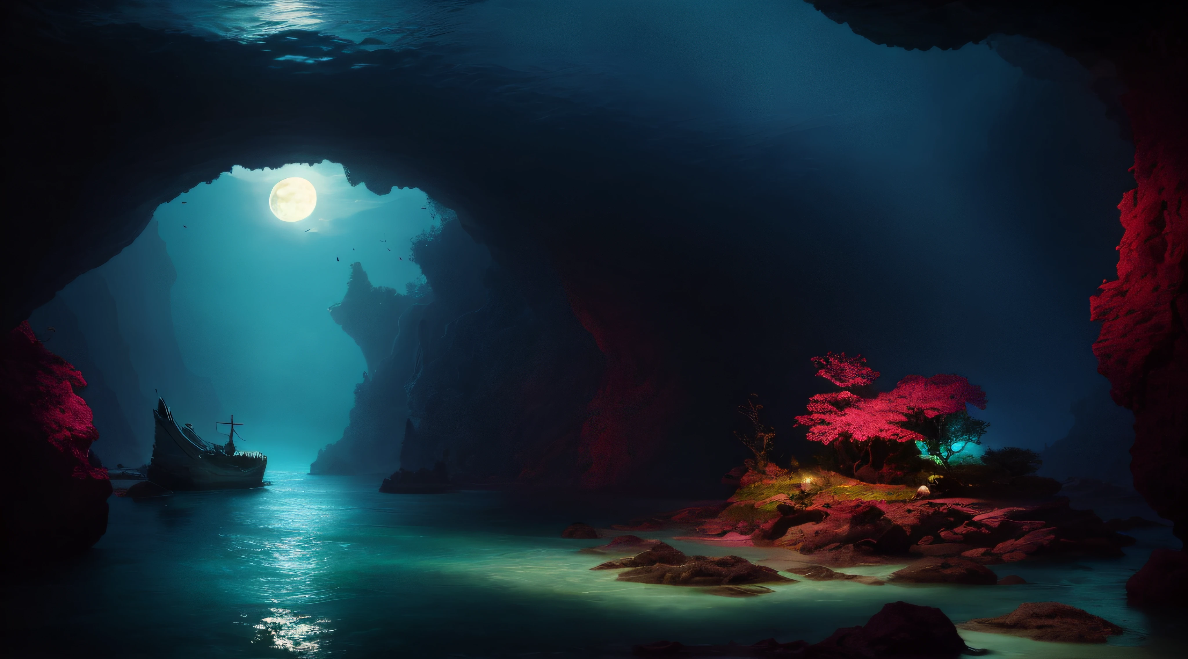 There is a boat on the water near a cave with a full moon, bela cena da caverna da fantasia, Surrealismo 8K, estilo fantasia 8 k octane render, 8K resolution concept art, 8K resolution concept art, Magic Cave, ambiente profundo, cave exploration, pintura fosca bonita, pintura fosca luminescente, Pintura fosca 8k, Pintura fosca 8K