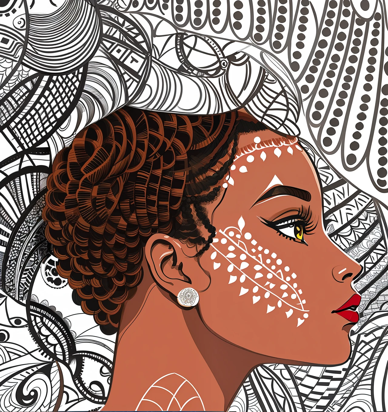 There is a drawing of a woman with her face painted, in illustration style digital, retrato detalhado, digital art illustration, digital illustation, desenho digital, desenho digital detalhado, mulher detalhada, mulher africana, pintura digital | intrincado, arte digital detalhada, inspirado em Chinwe Chukwuogo-Roy, detailed digital illustration, afrofuturista, Hand - Digital Drawn Art