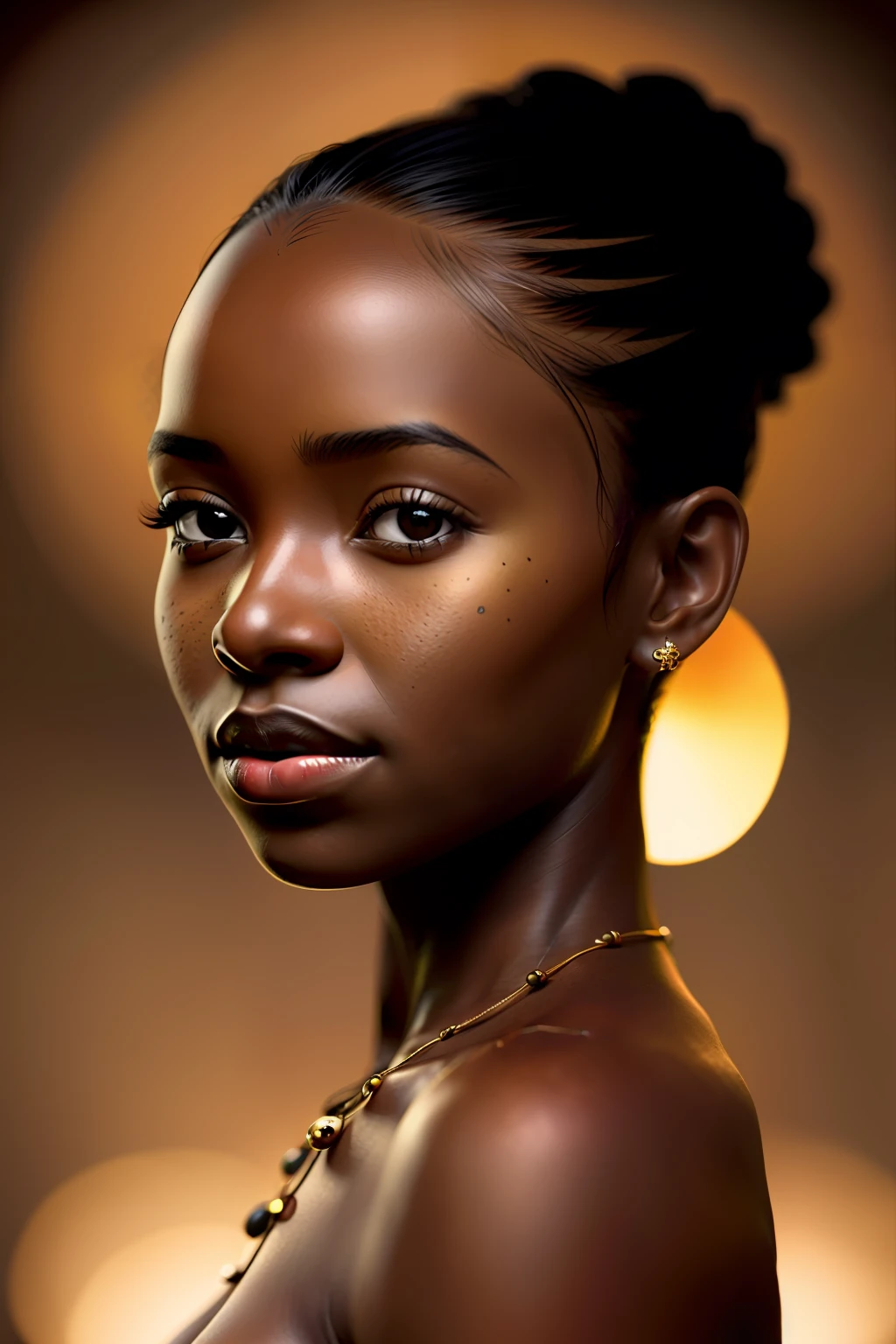 award winning portrait photo of an young ugandan woman, bokeh, backlit, (brown color in detail:1.1), telephoto, elegant atmosphere, realistic, intricate details, true skin tone