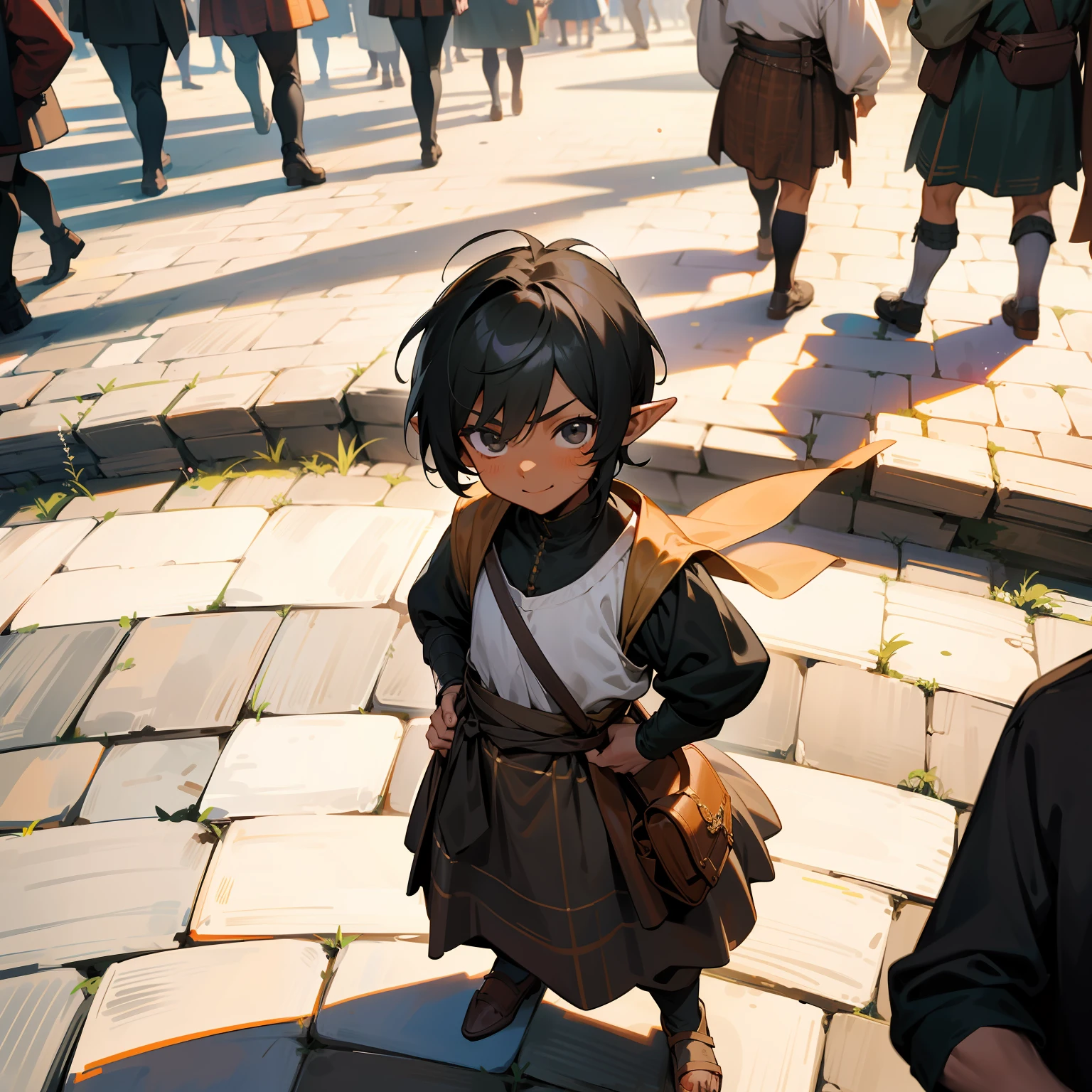 1boy, {{miniguy}}, man, pointy ears, black hair, black eyes, from above, looking at viewer, scared, tiny, shrunk, tan skin, dark skin, kilt, athletic, muscular, shota, looking up, fantasy, medieval, cobblestones, street, town, buildings, busy, innocent, cute, smile, crowd, people, crowds, surrounded by people, satchel, people in medieval clothes, looking up,