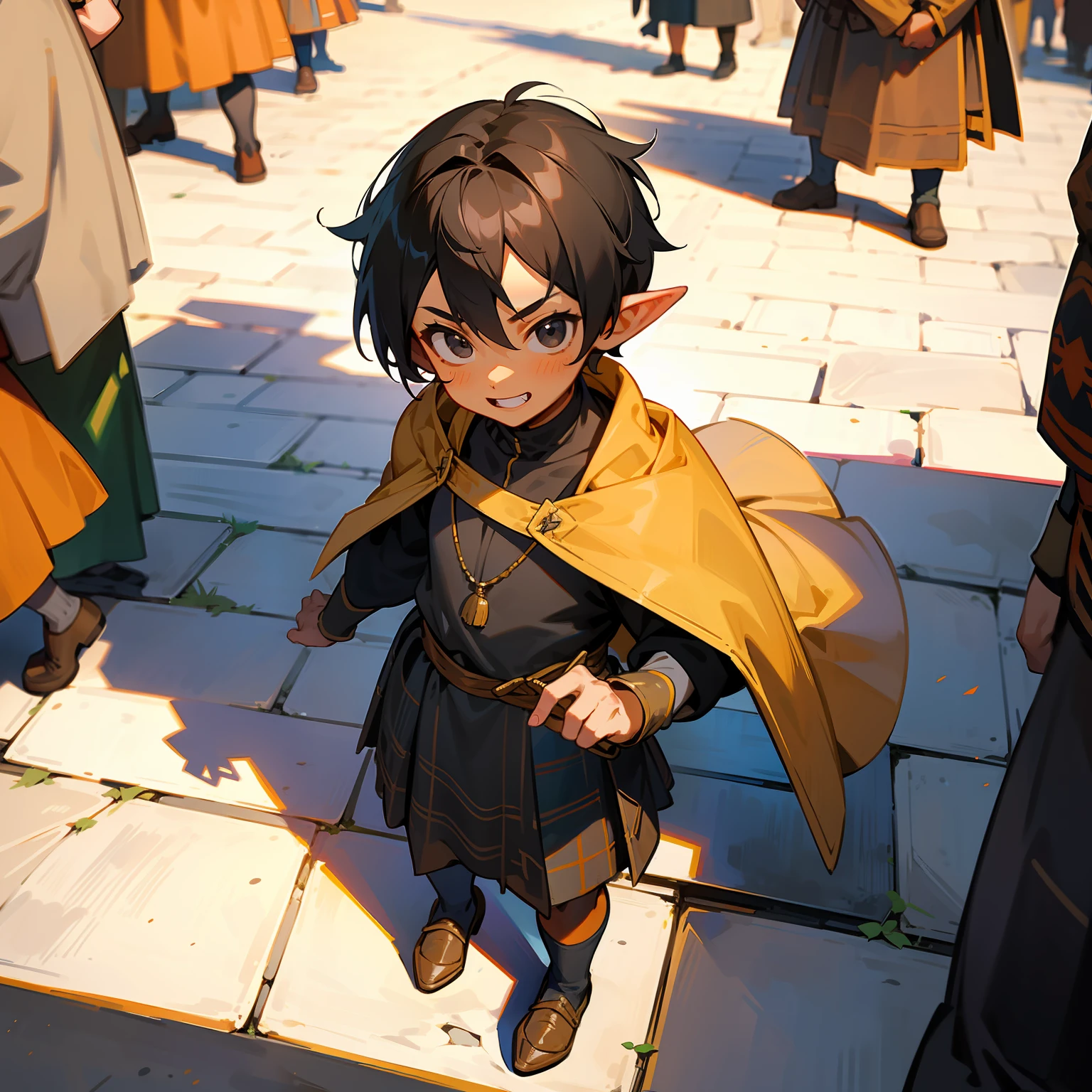 1boy, {{miniguy}}, man, pointy ears, black hair, black eyes, from above, looking at viewer, scared, tiny, shrunk, tan skin, dark skin, kilt, athletic, muscular, shota, looking up, fantasy, medieval, cobblestones, street, town, buildings, busy, innocent, cute, smile, crowd, people, crowds, surrounded by people, satchel, people in medieval clothes, looking up,