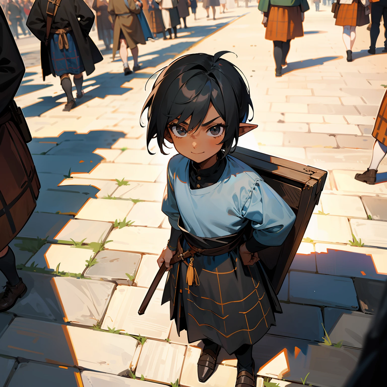 1boy, {{miniguy}}, man, pointy ears, black hair, black eyes, from above, looking at viewer, scared, tiny, shrunk, tan skin, dark skin, kilt, athletic, muscular, shota, looking up, fantasy, medieval, cobblestones, street, town, buildings, busy, innocent, cute, smile, crowd, people, crowds, surrounded by people, satchel, people in medieval clothes, looking up,