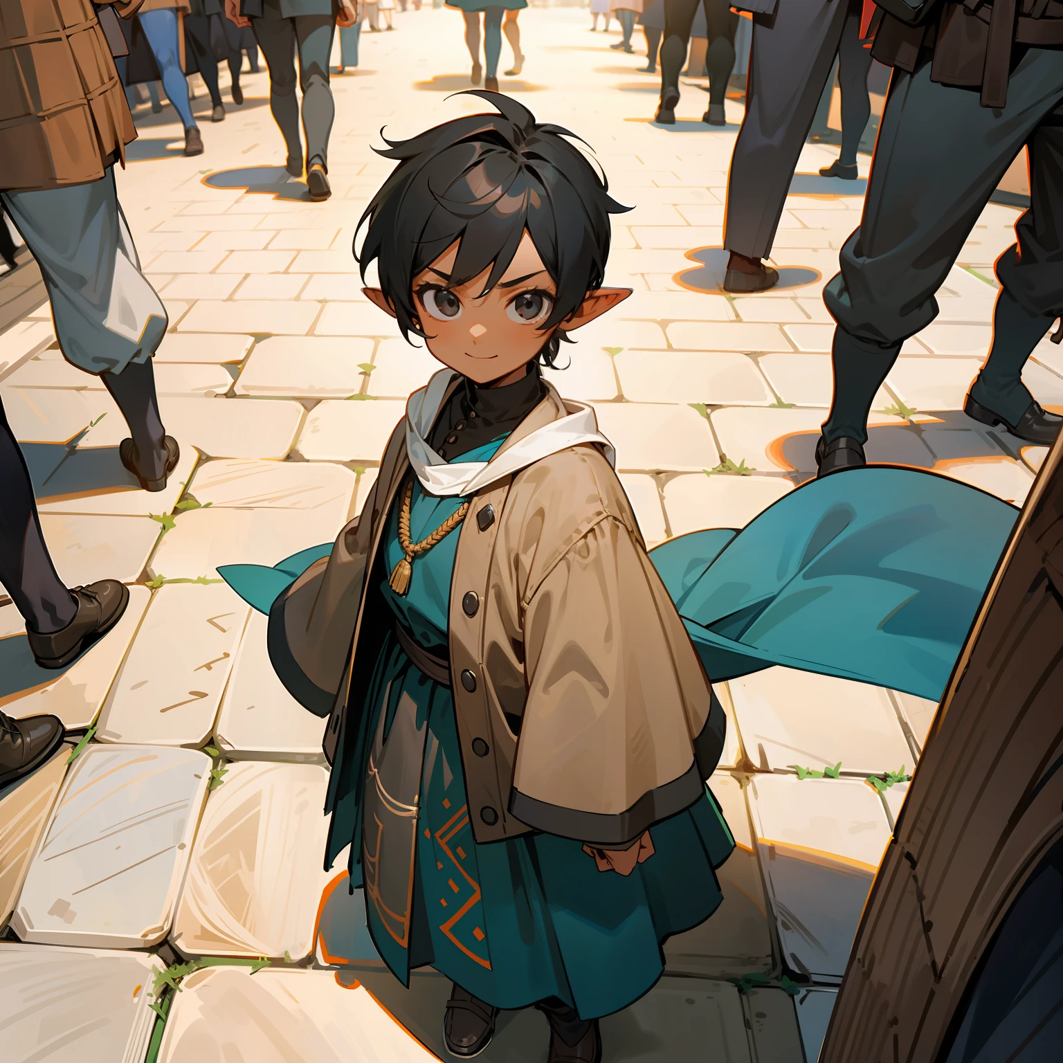 1boy, {{miniguy}}, man, pointy ears, black hair, black eyes, from above, looking at viewer, scared, tiny, shrunk, tan skin, dark skin, kilt, athletic, muscular, shota, looking up, fantasy, medieval, cobblestones, street, town, buildings, busy, innocent, cute, smile, crowd, people, crowds, surrounded by people, satchel, people in medieval clothes, looking up,