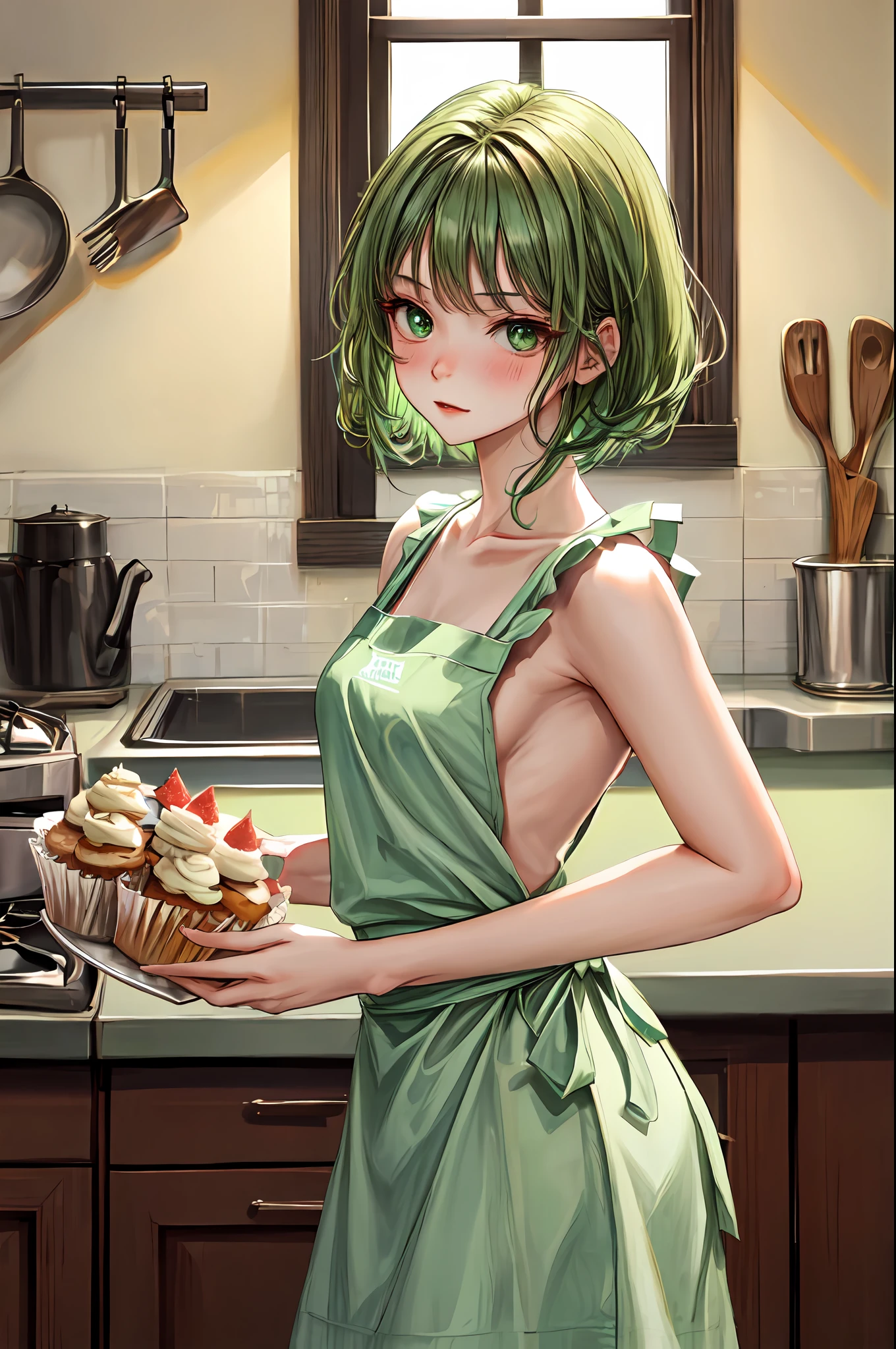 masterpiece, 1girl, solo, best quality, cowboy shot, wearing nude_kitchen_apron, white apron, cupcakes, inside, tatsumaki, small breast, green short hair, green eyes, tsundere, in a kitchen standing, sfw, white apron,