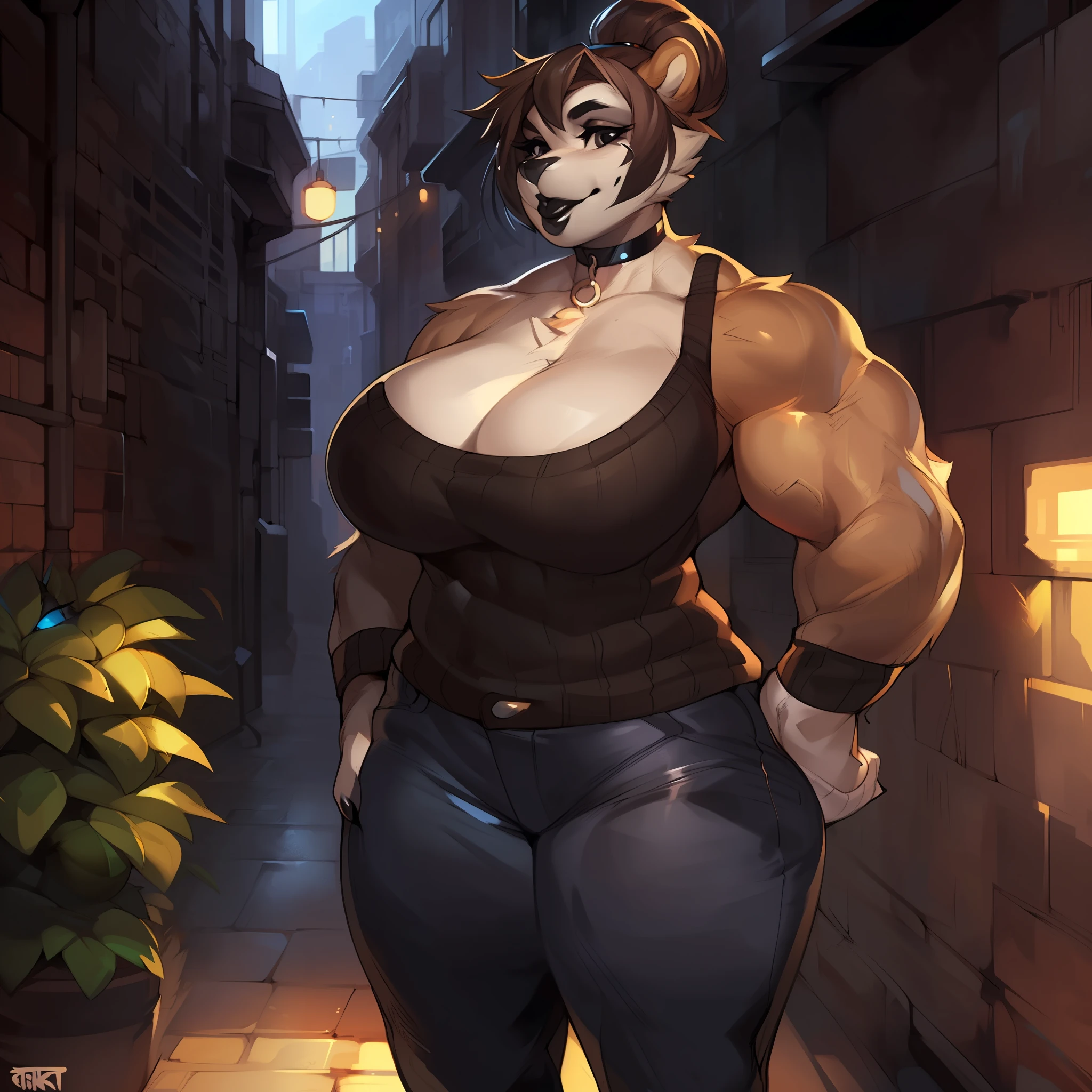 Solo, female, (((by darkgem, by mystikfox61, by glitter trap boy, by bebebebebe))), standing, (((muscular, giant, enormous, wide, broad, thick, massive, tall, powerful, biceps))), big breasts, bear, brown hair, hair bun, alleyway, plants, choker, nose piercing, (((black eyeliner, black mascara, think eyelashes, big lips, black lip gloss))), tight jeans, sweater, cleavage