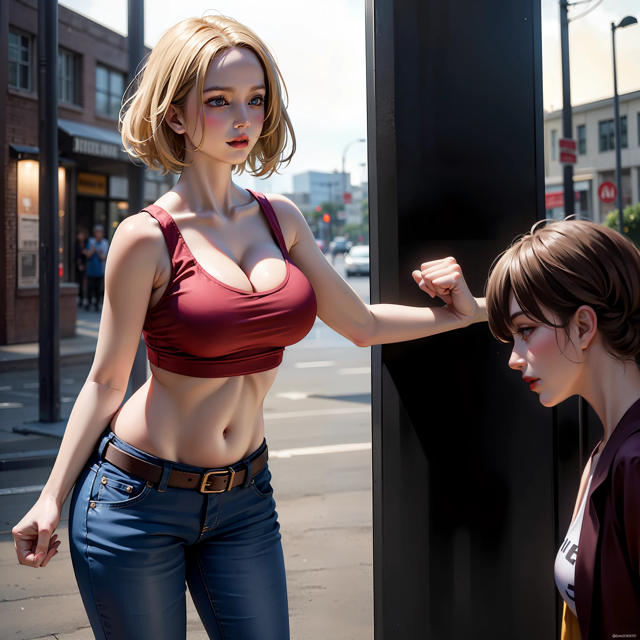 (by artist Aliza Razell:1.0), in city,Streets,1girll, Solo,Smile,, 1girll, Solo, Marikov,1girll, Solo, Short hair, Blonde hair, Blue eyes, gigantic cleavage breasts,Forehead, parted hair,Red shirt(Sleeveless),belt, Tight fitting shirts, Crop top, navel, Blue gloves, baggy pants, Pants,Absolute field,dramatic lights,view the viewer, Fighting stance, (hold fists),Firm expression,full bodyesbian,Unity 8k wallpaper,Ultra detailed,Beautiful and aesthetic,Beautiful,Masterpiece,Best quality,
