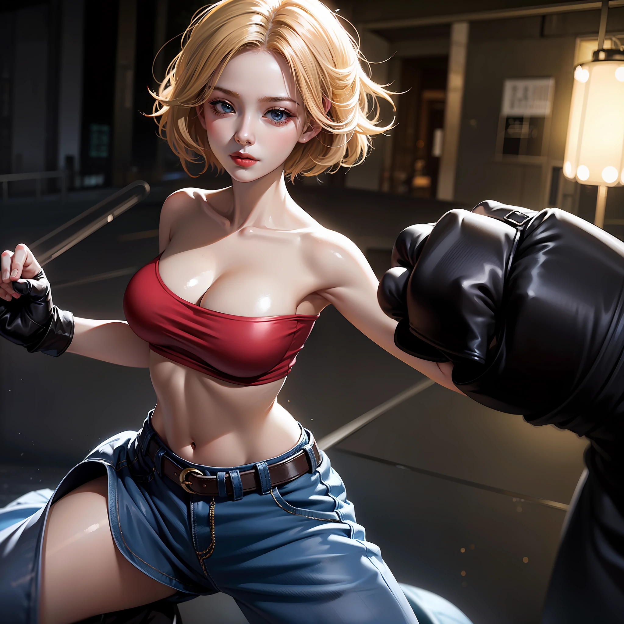 (by artist Aliza Razell:1.0), in city,Streets,1girll, Solo,Smile,, 1girll, Solo, Marikov,1girll, Solo, Short hair, Blonde hair, Blue eyes, gigantic cleavage breasts,Forehead, parted hair,Red shirt(Sleeveless),belt, Tight fitting shirts, Crop top, navel, Blue gloves, baggy pants, Pants,Absolute field,dramatic lights,view the viewer, Fighting stance, (hold fists),Firm expression,full bodyesbian,Unity 8k wallpaper,Ultra detailed,Beautiful and aesthetic,Beautiful,Masterpiece,Best quality,