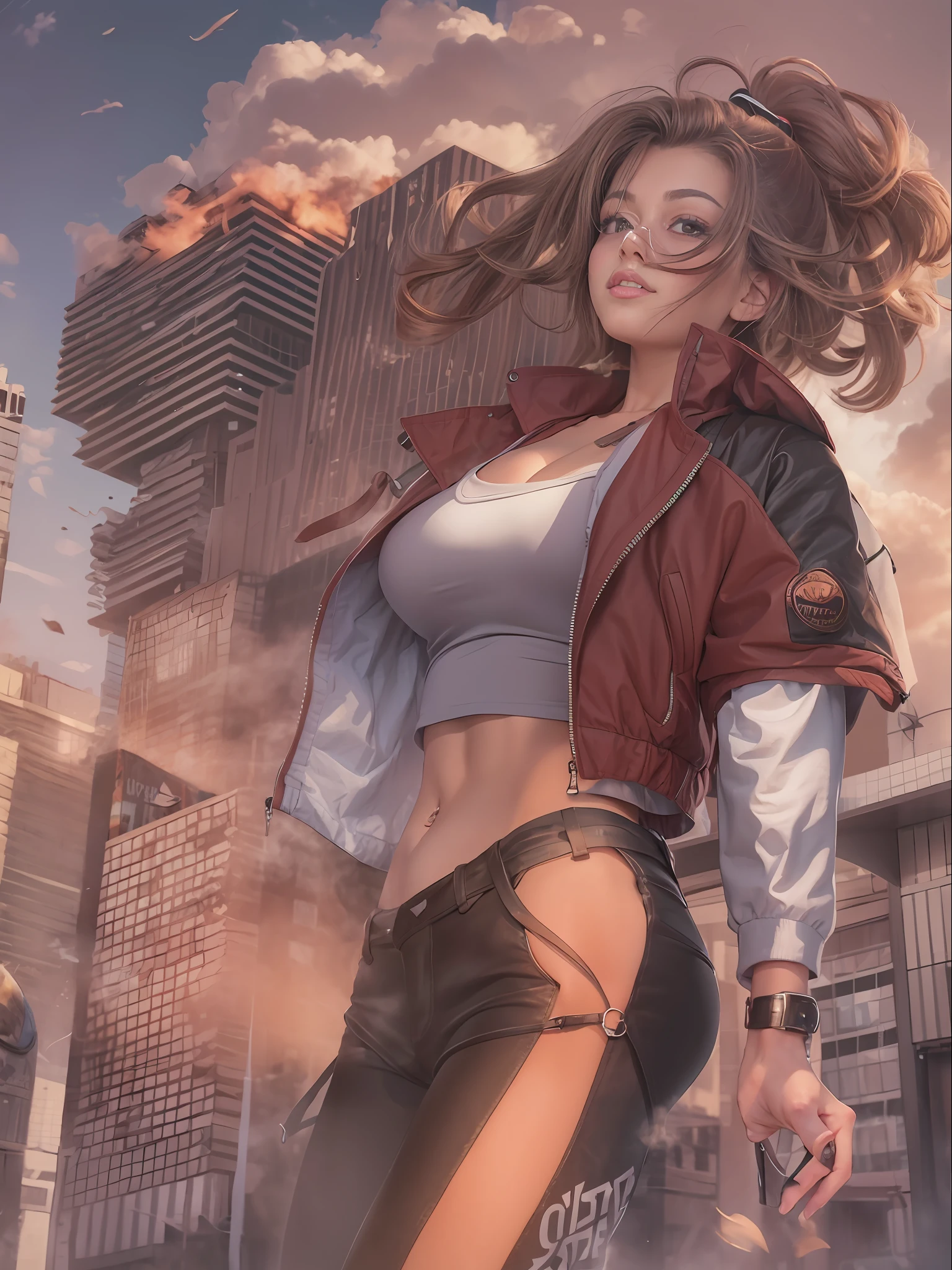 Giant Akari in crop top and jacket, Barefoot, athletic bodies, gts city, city buildings, Smoke, Evil