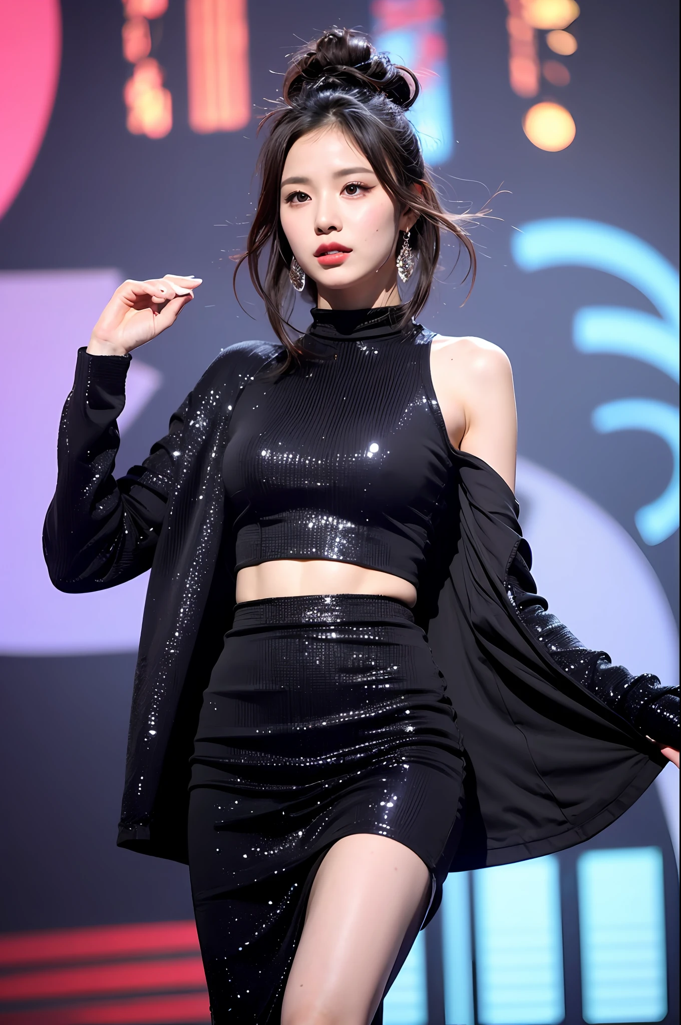 8k, Kpop idol, 1mulher, solo, palco, corpo perfeito, detalhes, olhando para o espectador, corpo sexy, roupa preta, Detailed lip, sapato preto, luz do show, cabelo detalhado, corpo inteiro, cabelo flutuante, estilo,