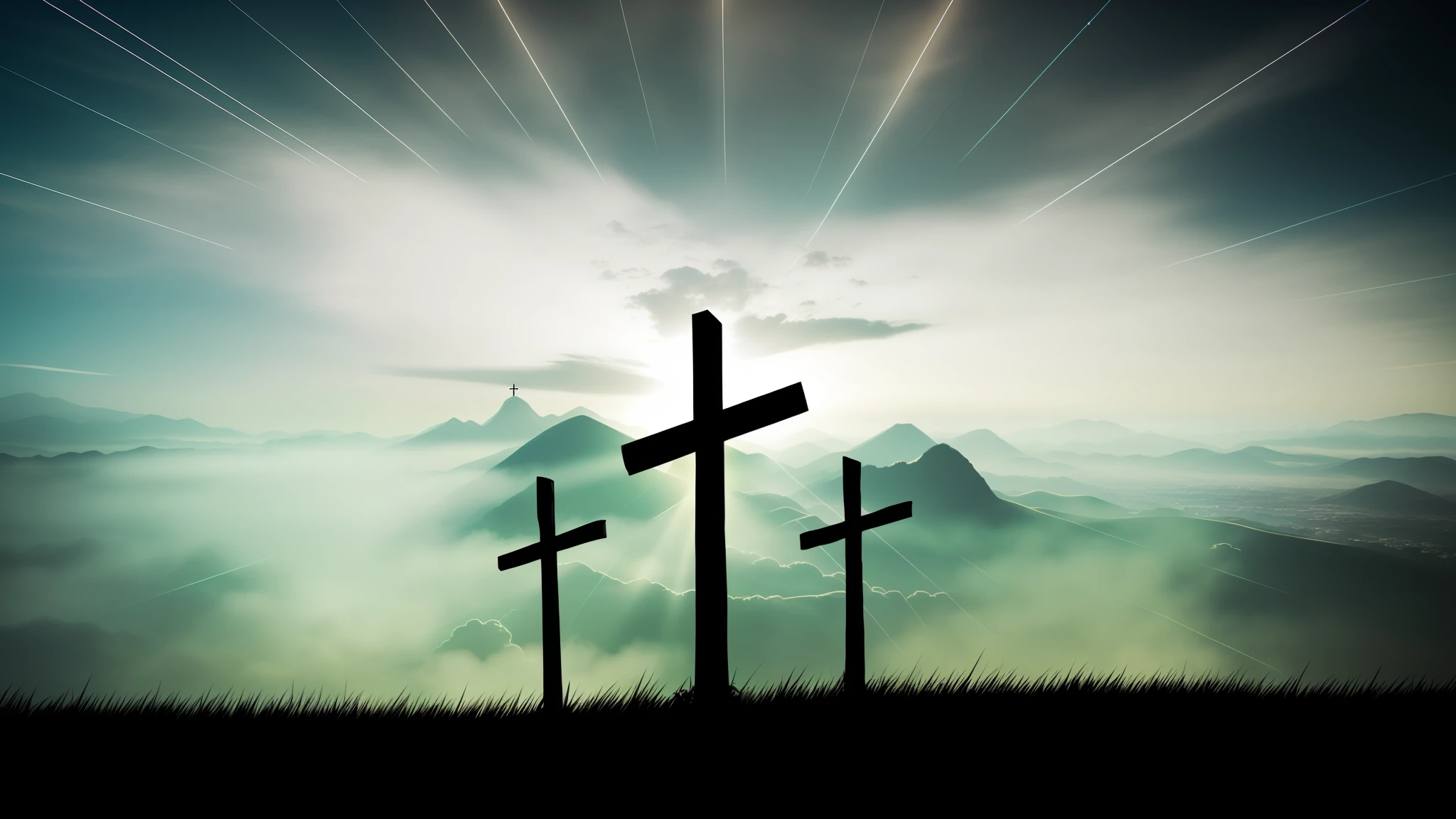 Three crosses on a hill with a sky background, cruz, Cruzes, cross composition, religioso, crucifixion, easter, Sombra da Cruz, batizado, um fundo espiritual abstrato, dramatic lights spiritual scene, cristianismo, Jesus na Cruz, Santa Cruz, iStock, Shutterstock, Crucifixo, neon cross, background is celestial, com pano de fundo de raios de deus