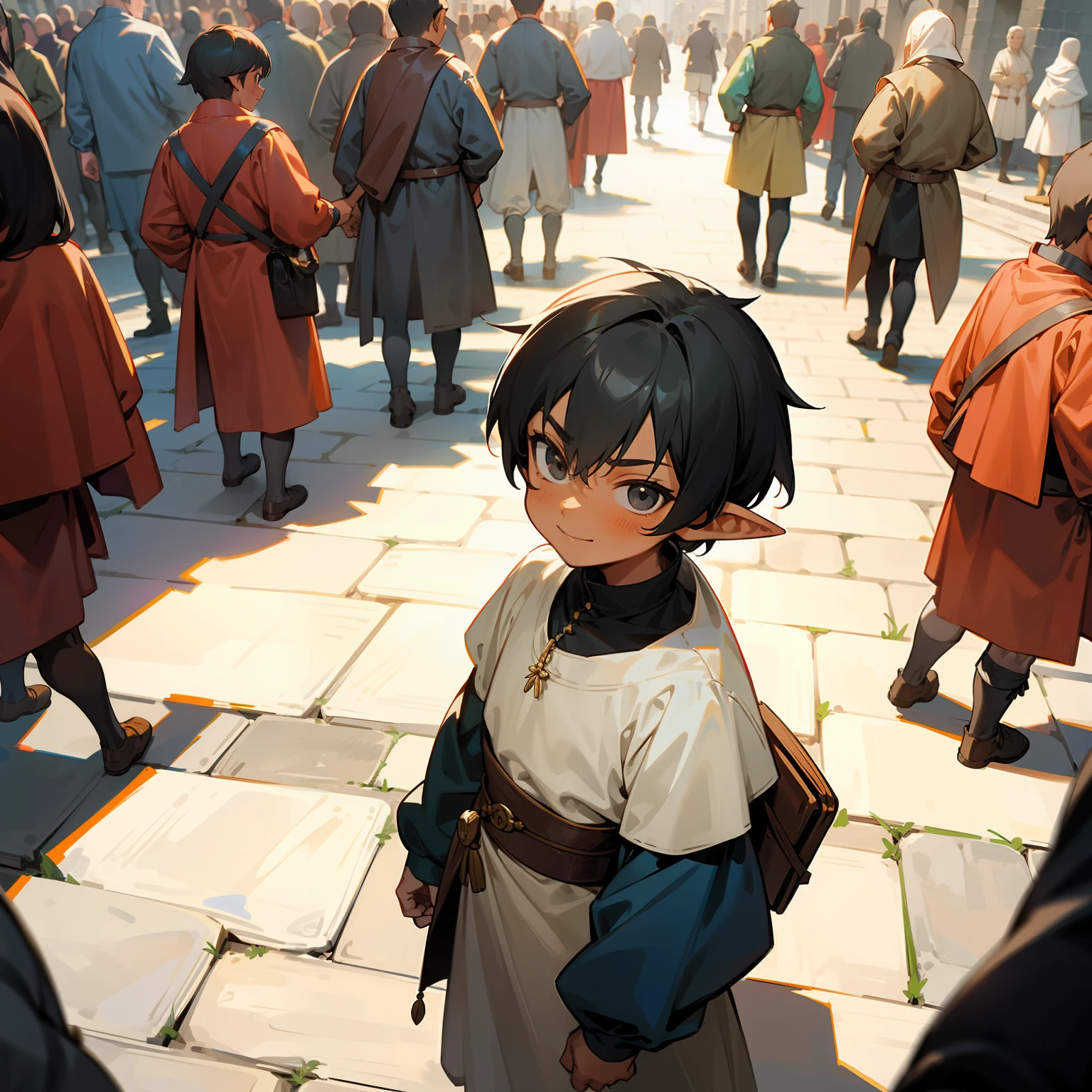 1boy, {{miniguy}}, man, pointy ears, black hair, black eyes, from above, looking at viewer, scared, tiny, shrunk, tan skin, dark skin, athletic, muscular, shota, looking up, fantasy, medieval, cobblestones, street, town, buildings, busy, innocent, cute, smile, crowd, people, crowds, surrounded by people, satchel, people in medieval clothes, looking up,