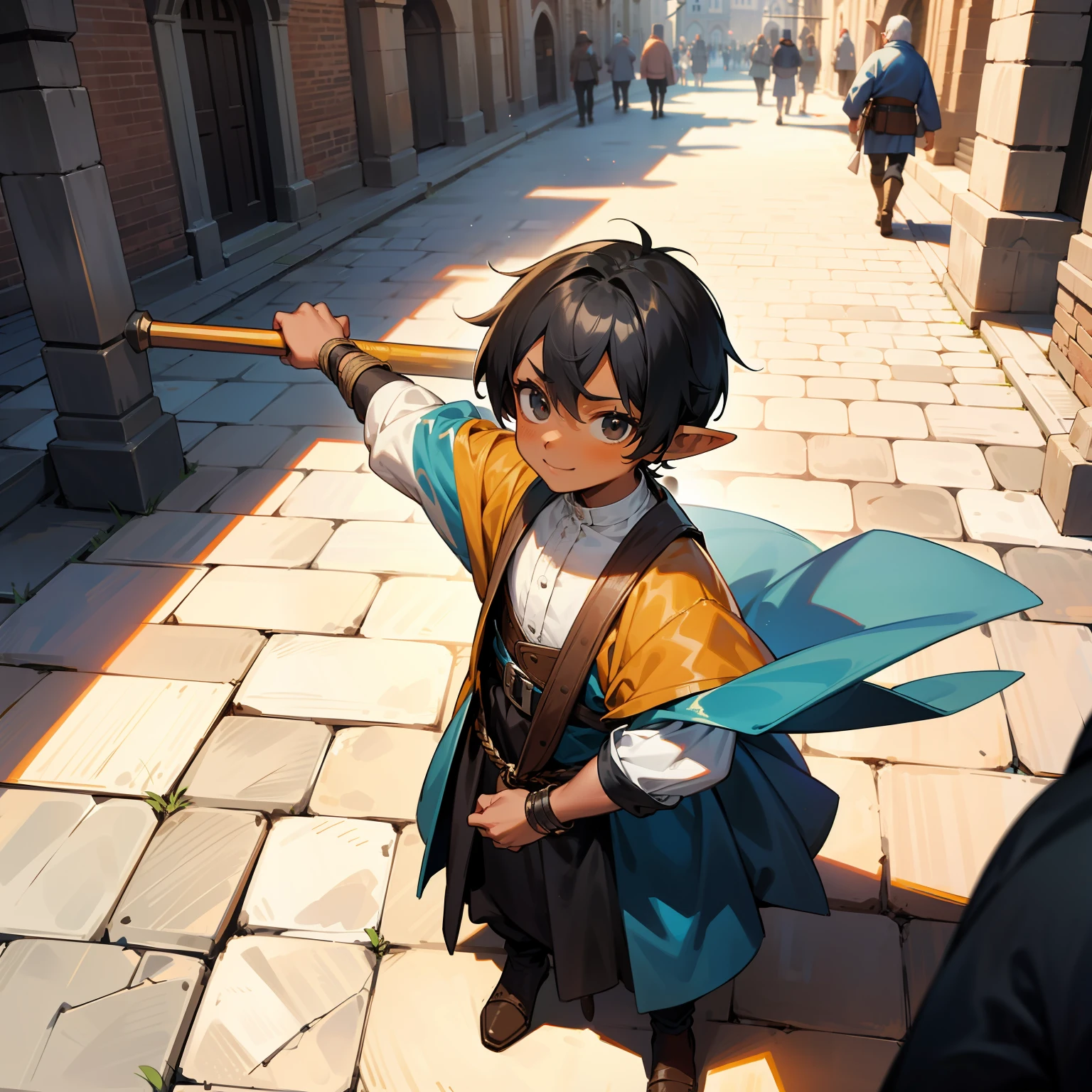 1boy, {{miniguy}}, man, pointy ears, black hair, black eyes, from above, looking at viewer, scared, tiny, shrunk, tan skin, dark skin, athletic, muscular, shota, looking up, fantasy, medieval, cobblestones, street, town, buildings, busy, innocent, cute, smile, crowd, people, crowds, surrounded by people, satchel, people in medieval clothes, looking up,