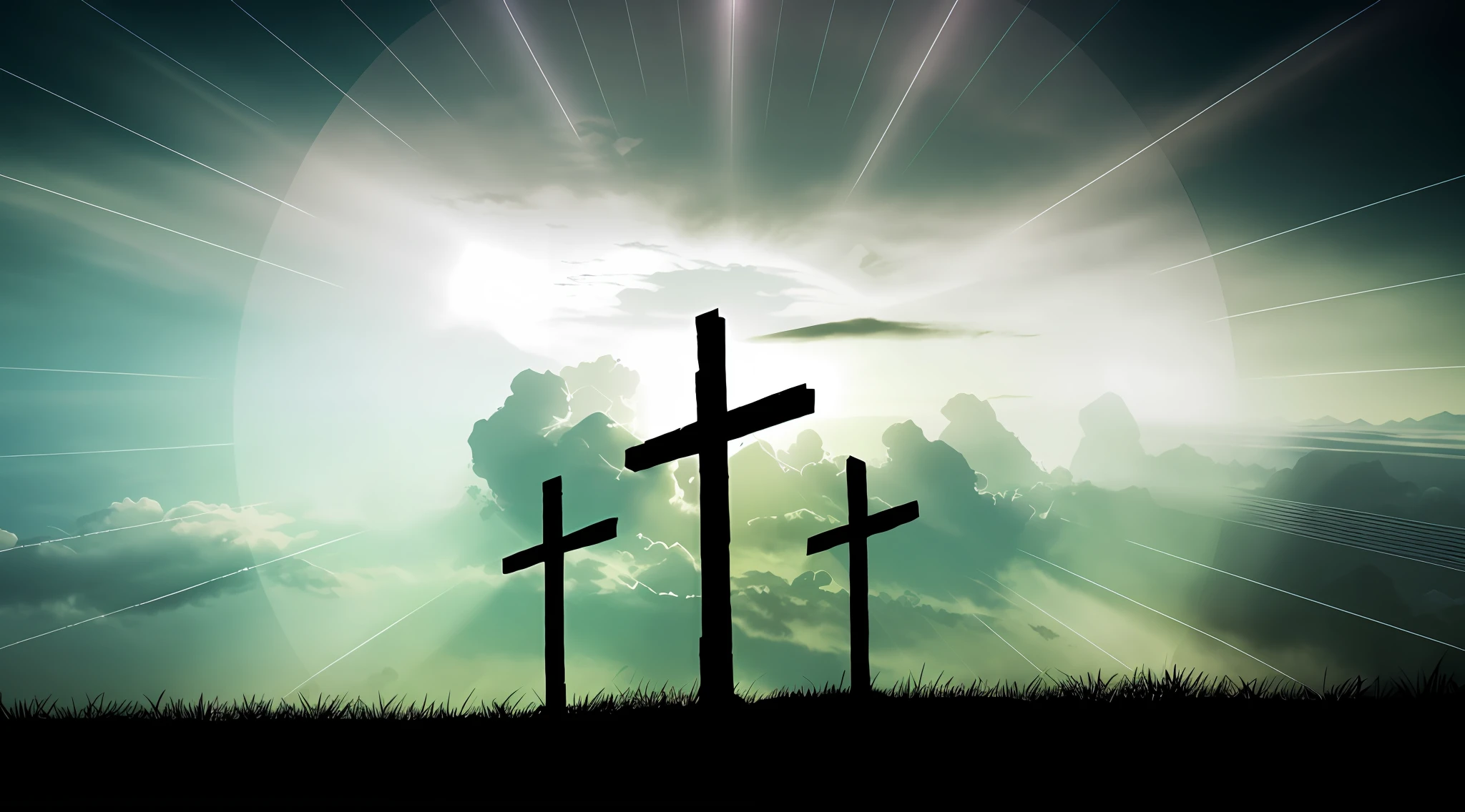 Three crosses on a hill with a sky background, cruz, Cruzes, cross composition, religioso, crucifixion, easter, Sombra da Cruz, batizado, um fundo espiritual abstrato, dramatic lights spiritual scene, cristianismo, Jesus na Cruz, Santa Cruz, iStock, Shutterstock, Crucifixo, neon cross, background is celestial, com pano de fundo de raios de deus