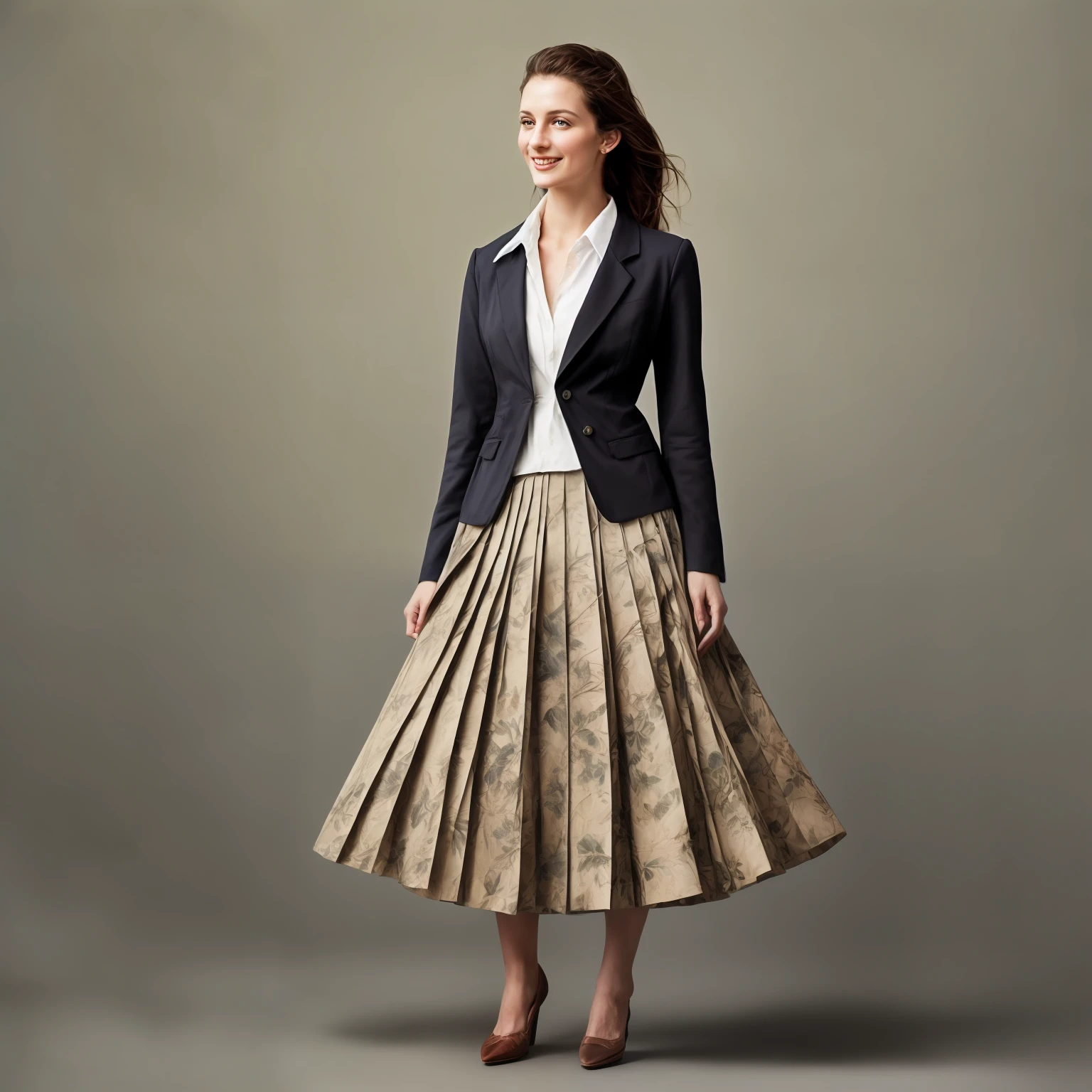 authentic (very shy:1,4 smiling) good woman wearing a short blazer with a very very detailed (long (fully pleated) full circle skirt) and (simple) low heeled office shoes, very very intricate hyper-detailed symmetric (attractive graceful young feminine face) with (sad, tired eyes and shy smile:1,1), full of empathy and compassion and love, (pronounced (feminine) features), (highly detailed ultra accurate realistic) hands and fingers, (windy conditions and wind blowing), epic composition, highly detailed attributes, highly detailed atmosphere, (35mm f1.4 Kodak portra 400 photograph), extremely high quality RAW photograph, intricate, Exquisite details and textures,
