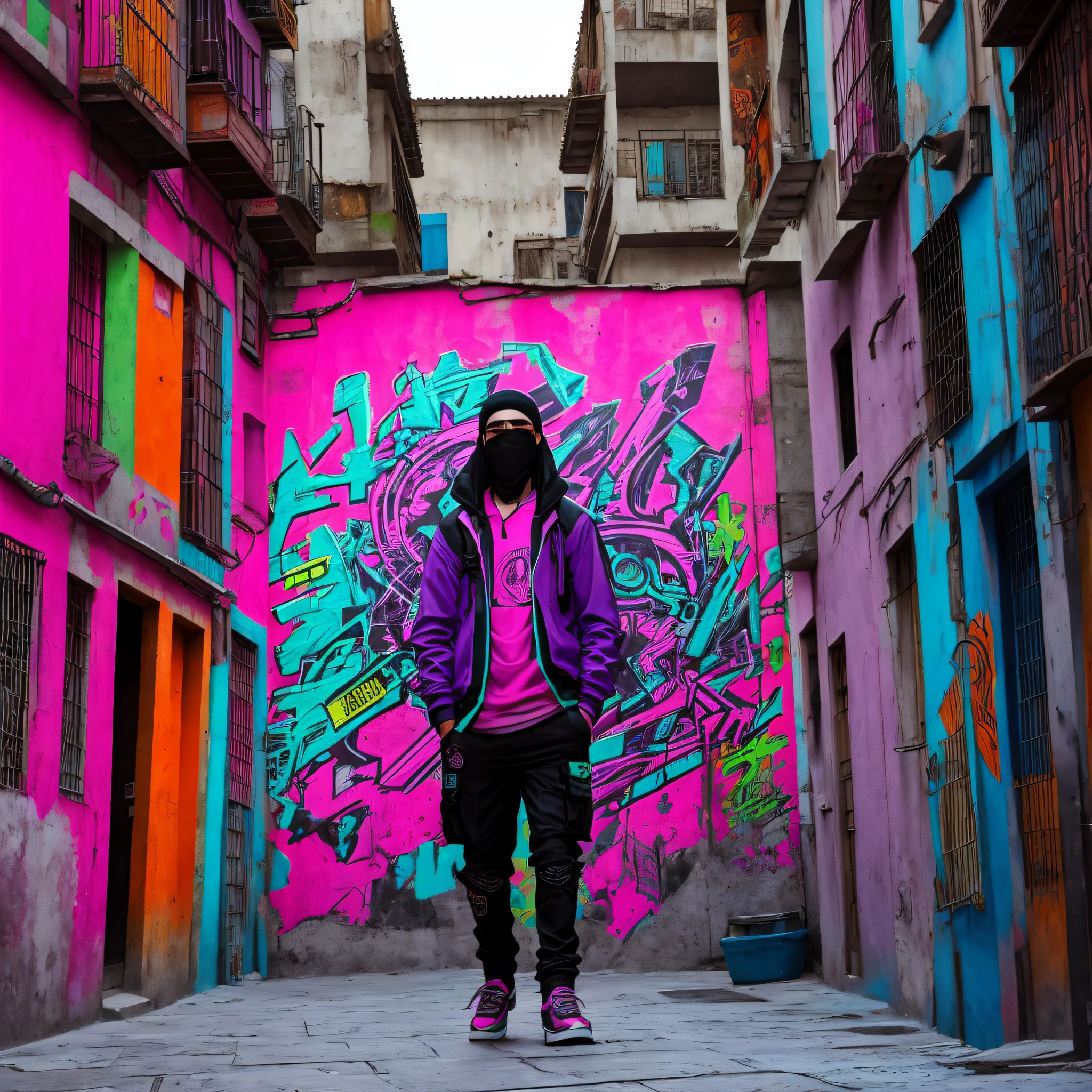 callejon urbano estilo cyberpunk, con grafitis, skate, zapatillas tiradas o colgadas, sin personas, fondo con los colores rosa, violeta y naranja