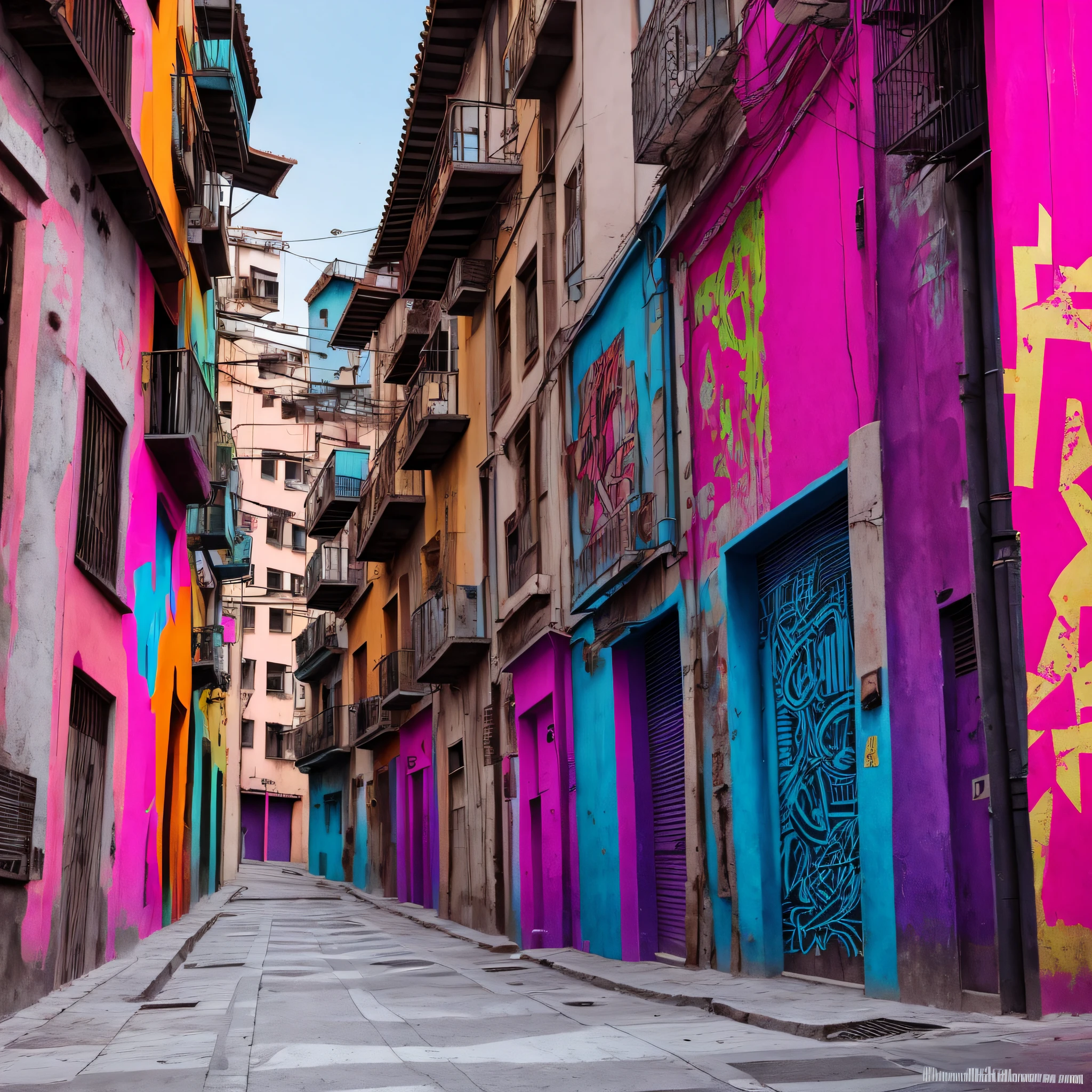 callejon urbano estilo cyberpunk, con grafitis, skate, zapatillas tiradas o colgadas, sin personas, fondo con los colores rosa, violeta y naranja